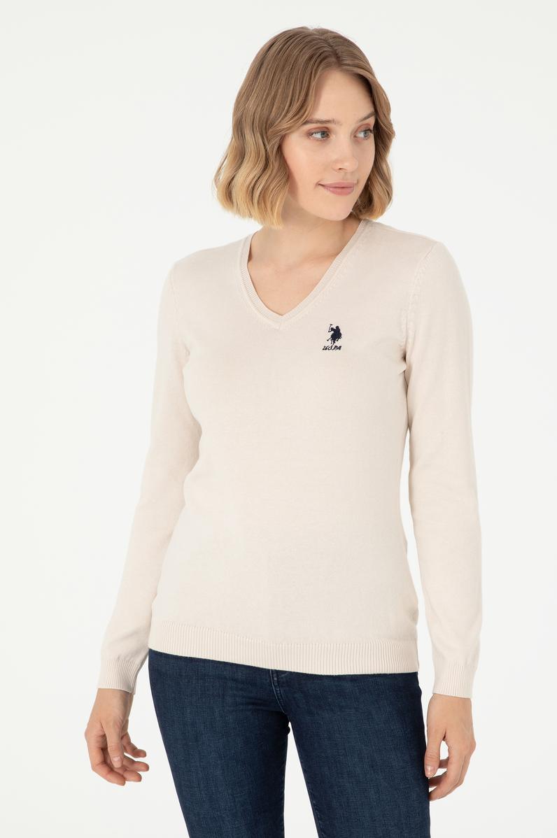 Kadın Krem Melanj V Yaka Basic Kazak