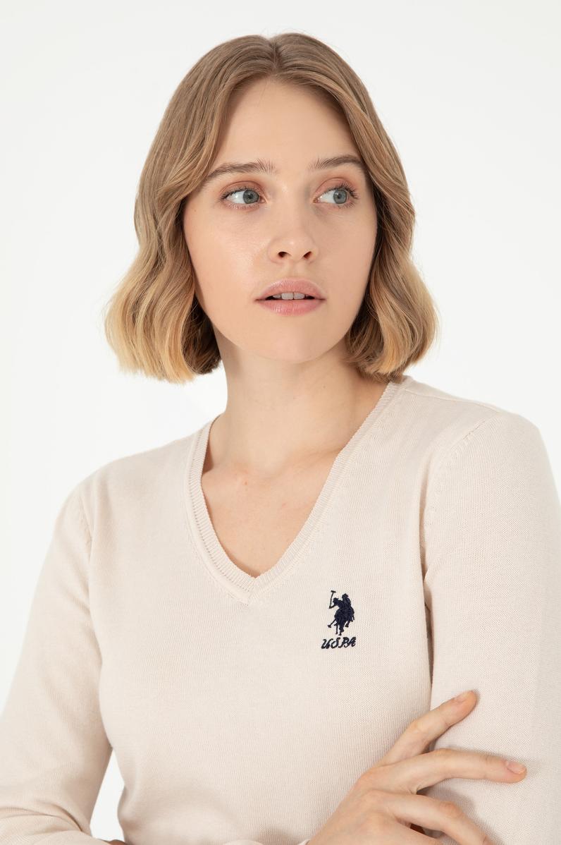 Kadın Krem Melanj V Yaka Basic Kazak