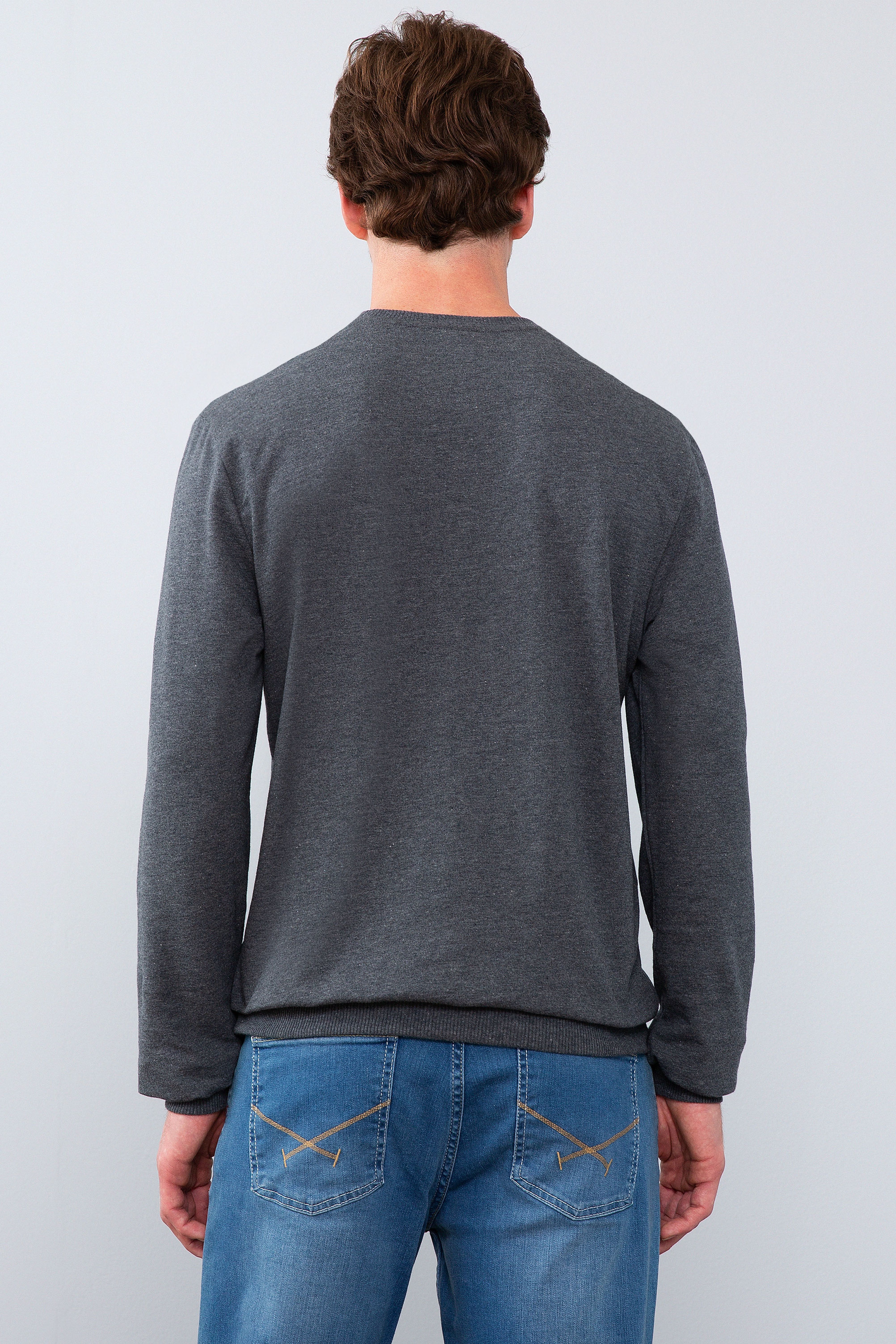 Erkek Koyu Gri Melanj Bisiklet Yaka Sweatshirt - Image 3
