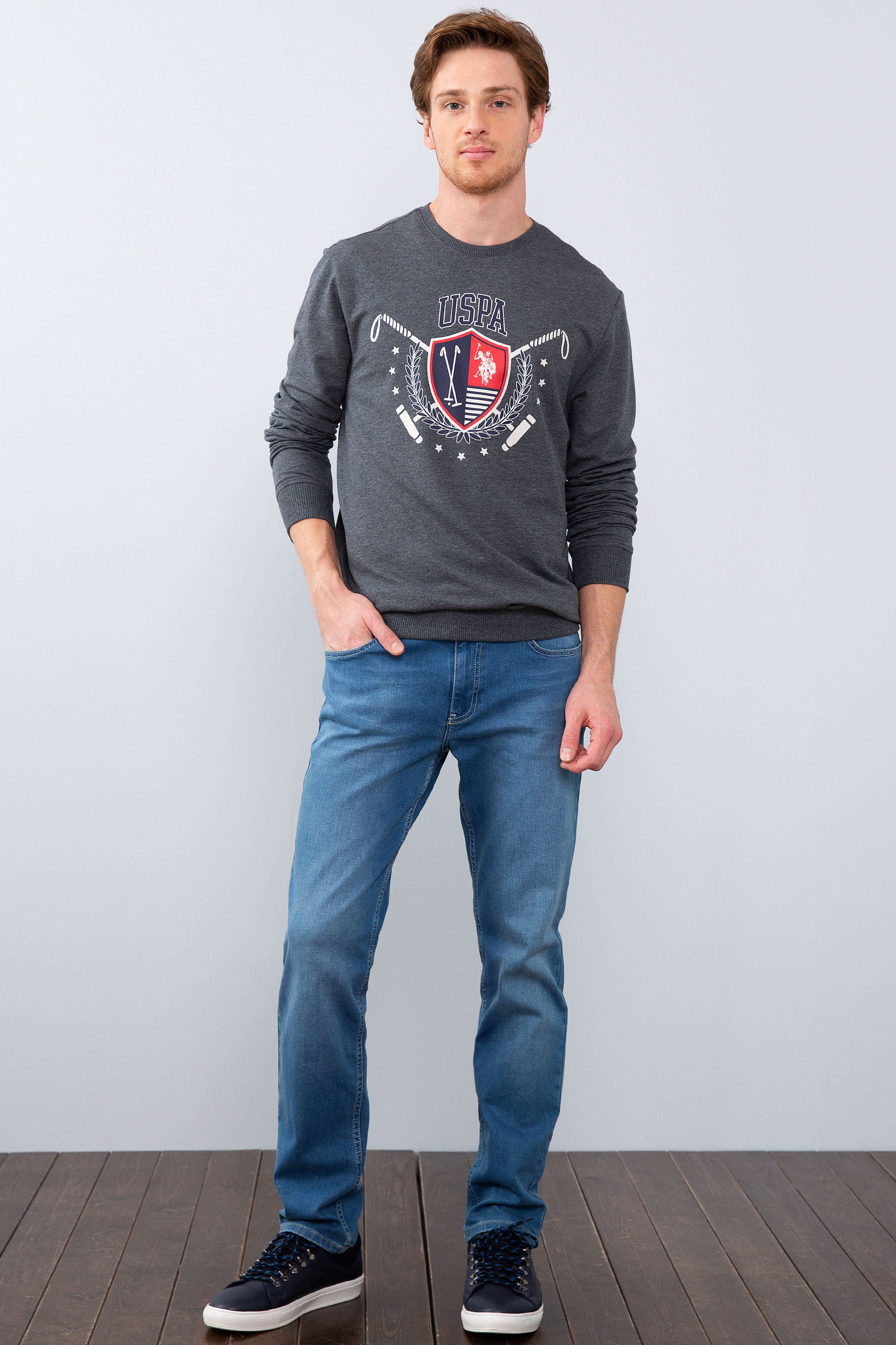Erkek Koyu Gri Melanj Bisiklet Yaka Sweatshirt - Image 4