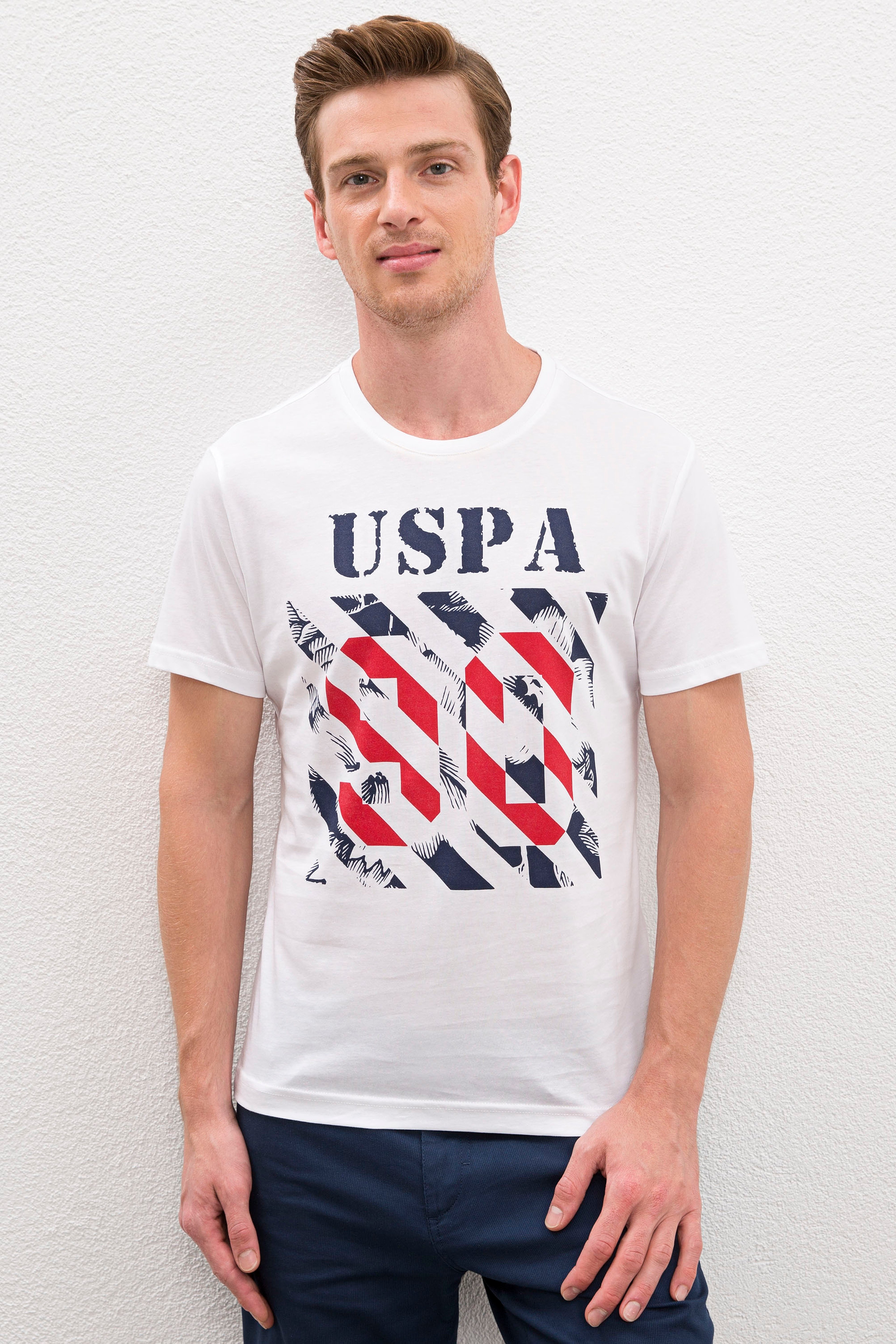 Erkek Beyaz Bisiklet Yaka T-Shirt