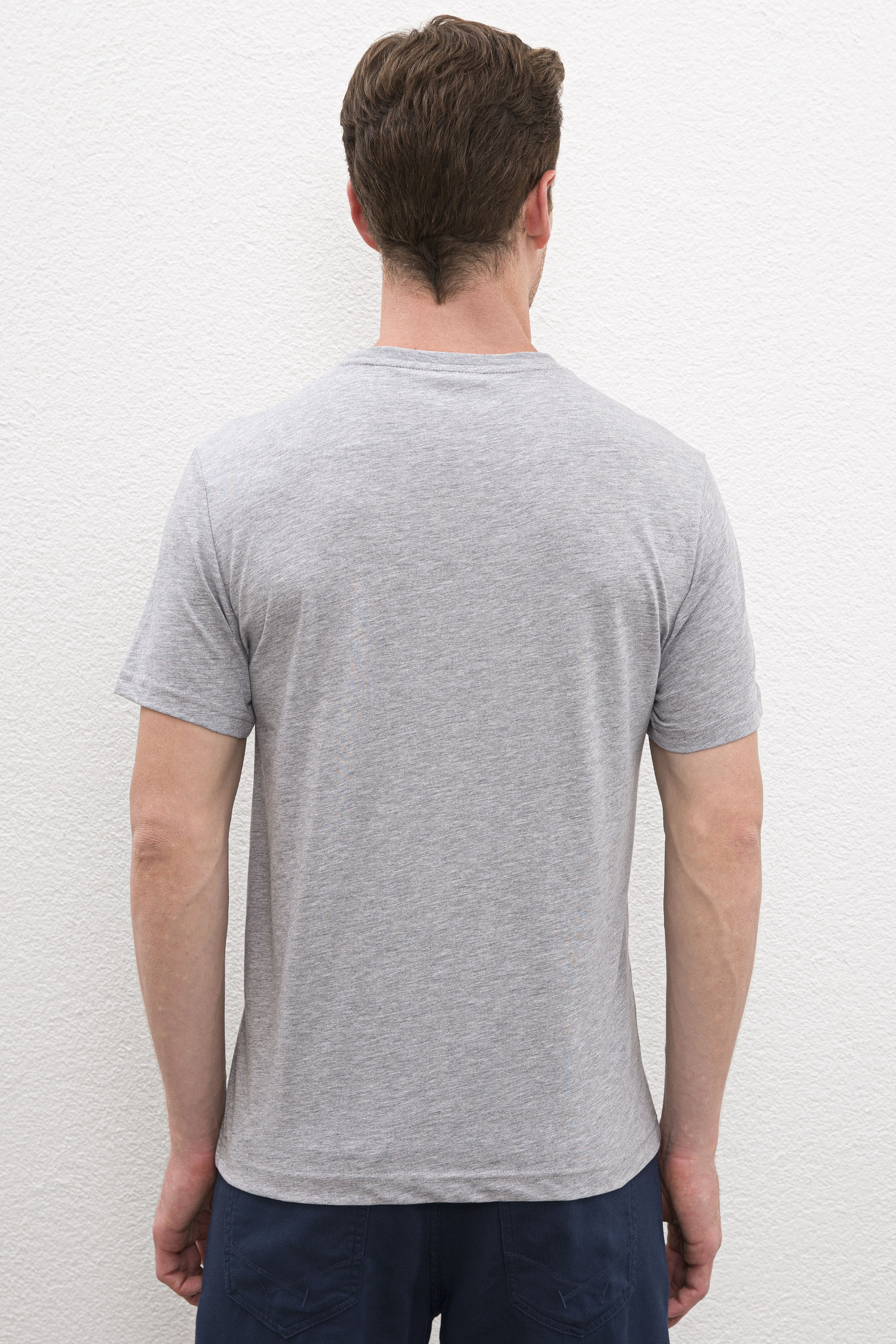 Erkek Gri Melanj Bisiklet Yaka T-Shirt - Image 3