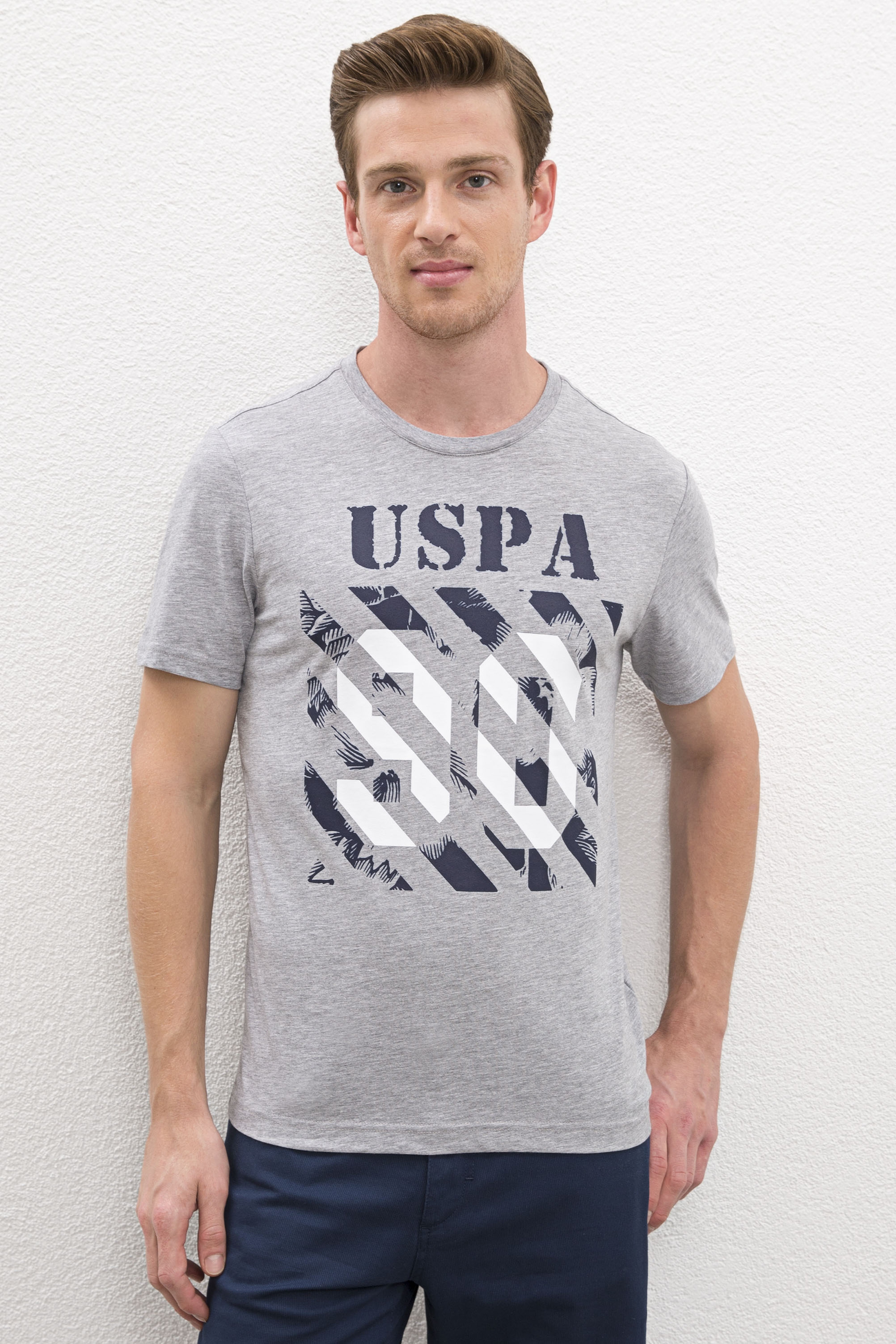Erkek Gri Melanj Bisiklet Yaka T-Shirt - Image 1