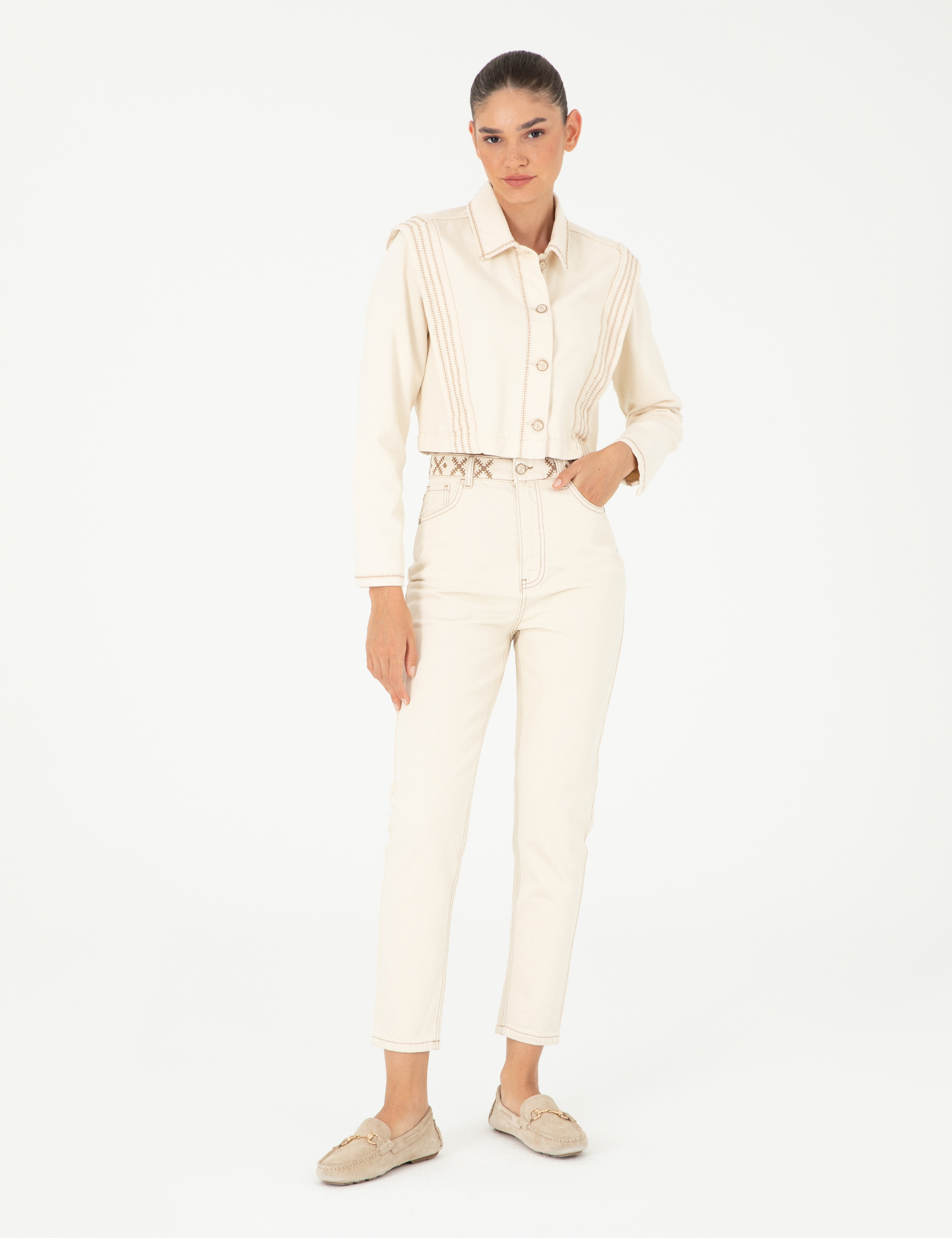Ekru Mom High Waist Fit Jean Pantolon - Image 3