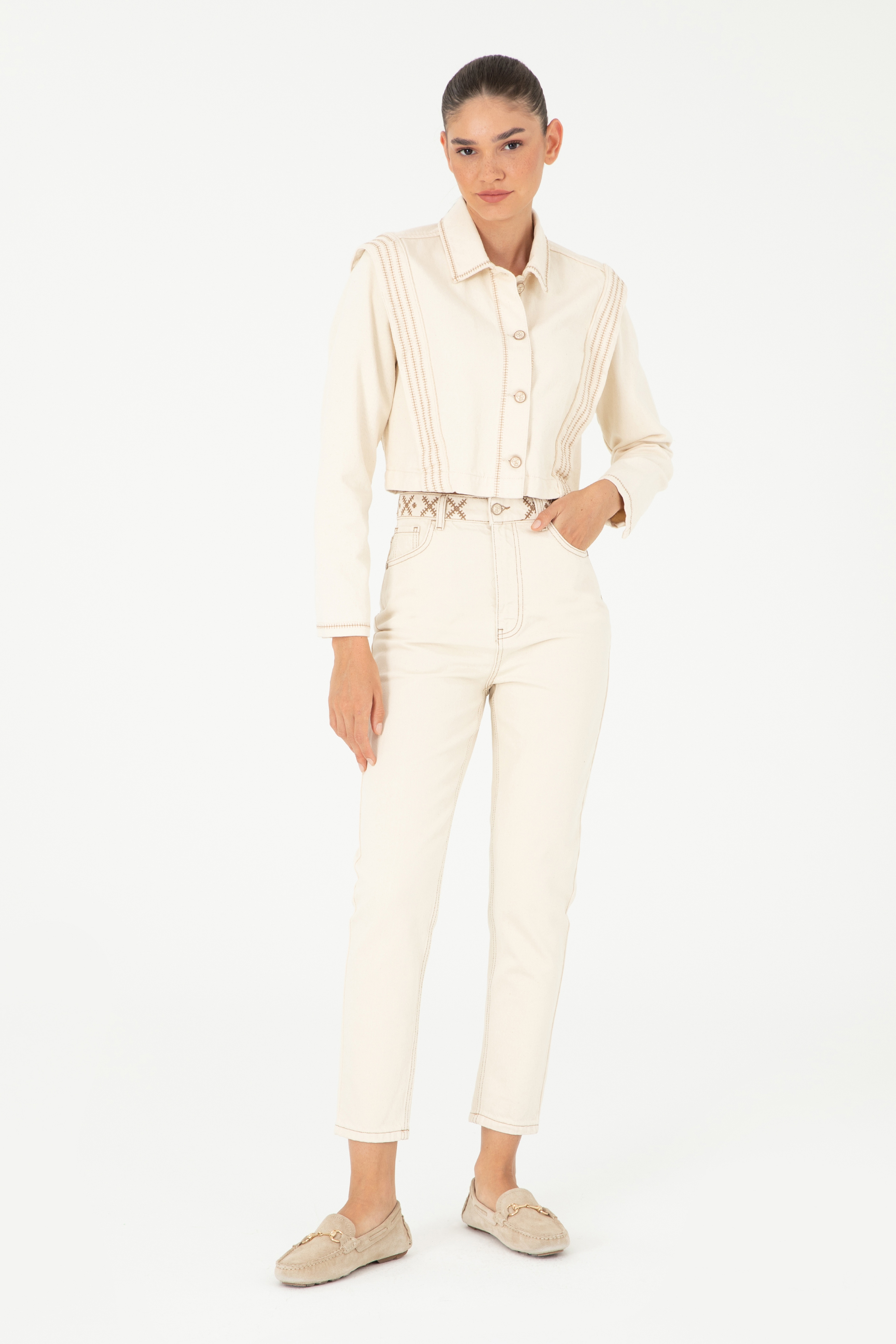 Ekru Mom High Waist Fit Jean Pantolon