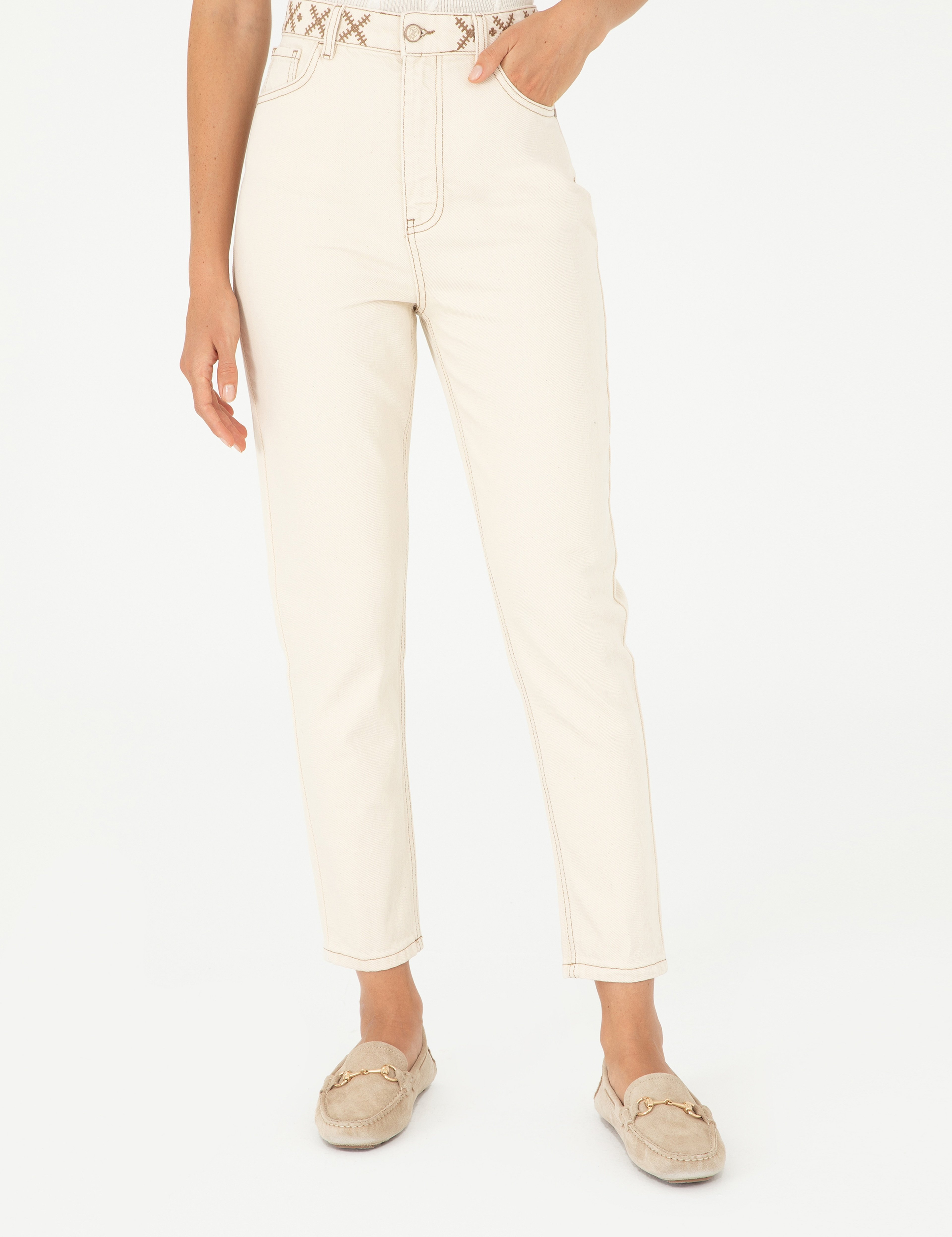 Ekru Mom High Waist Fit Jean Pantolon - Image 2