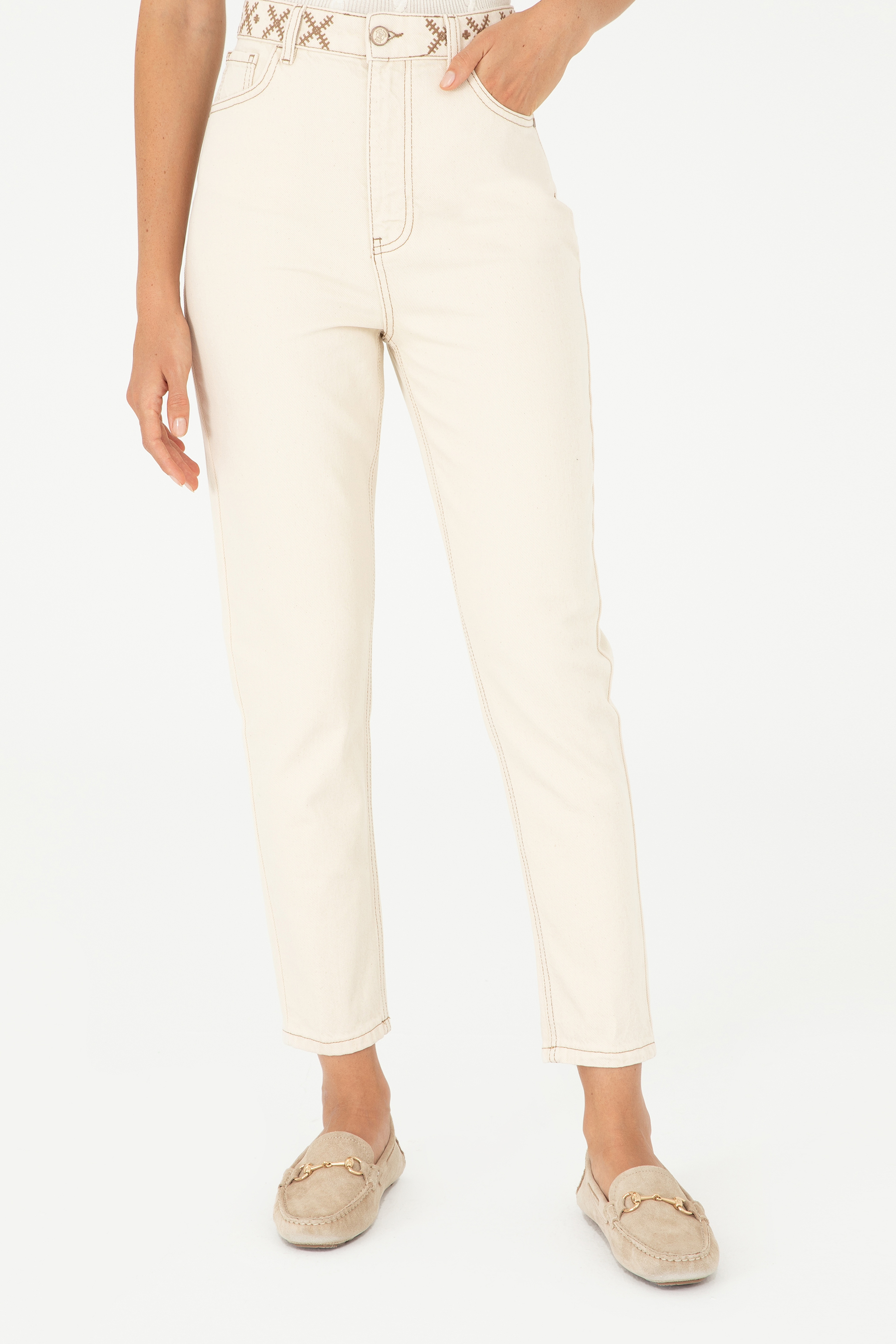 Ekru Mom High Waist Fit Jean Pantolon