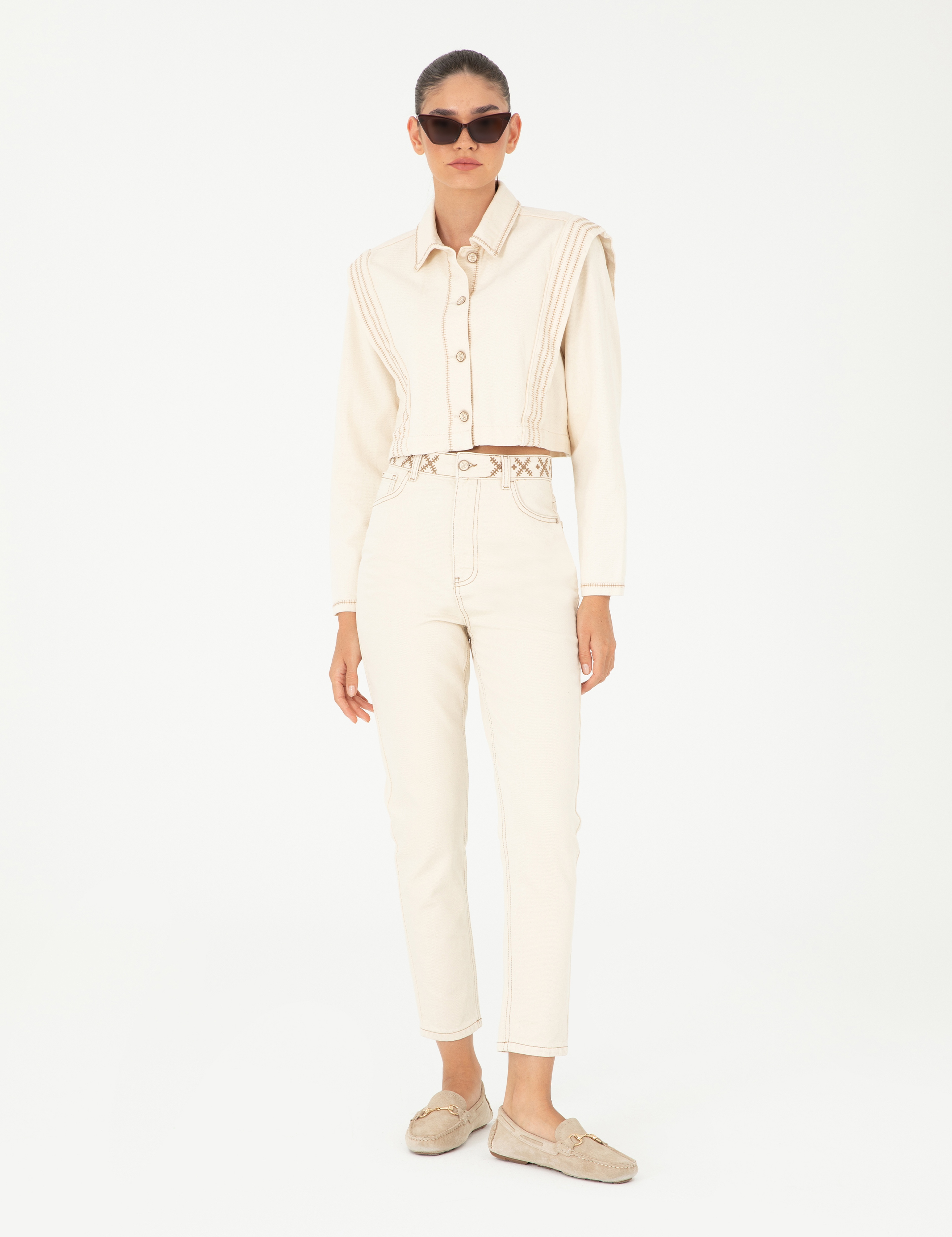 Ekru Mom High Waist Fit Jean Pantolon - Image 1