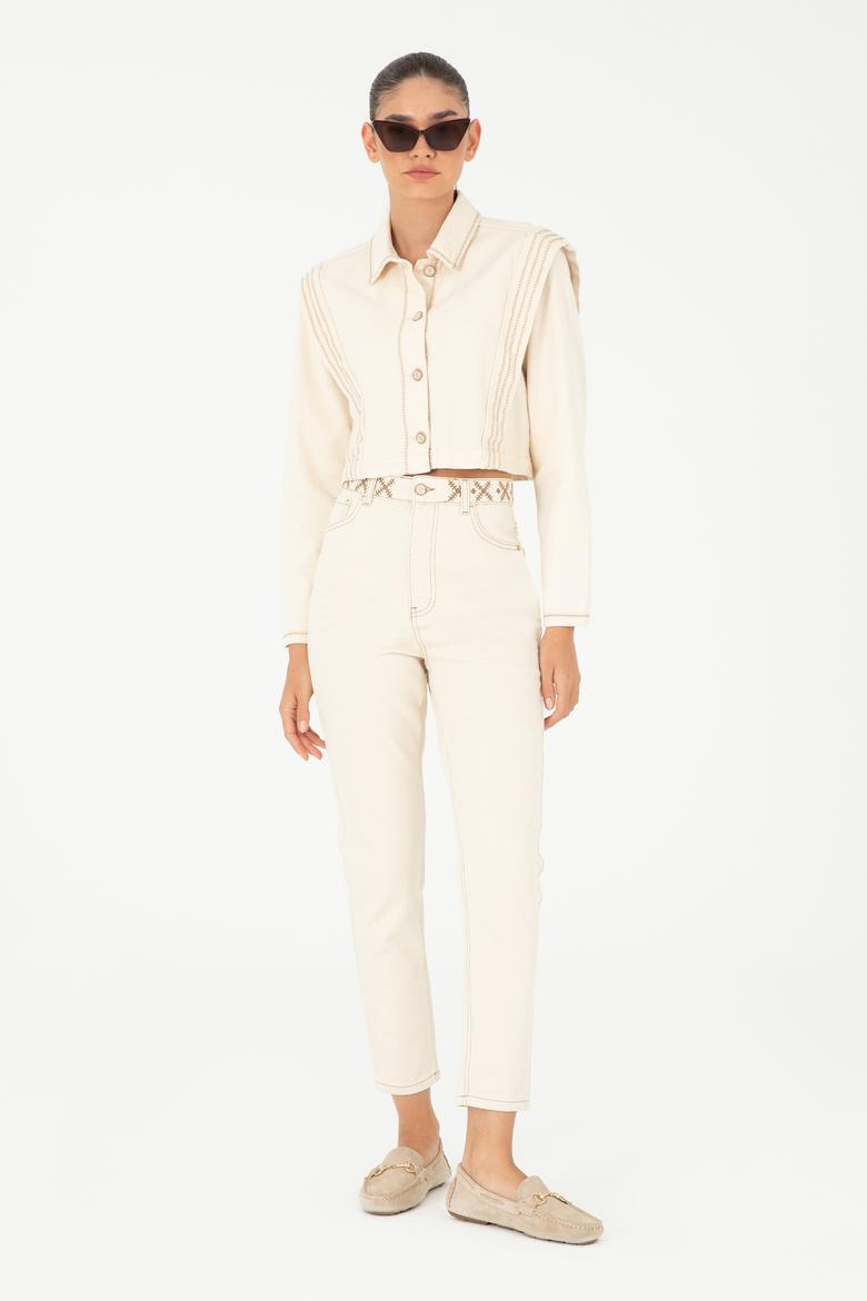 Ekru Mom High Waist Fit Jean Pantolon