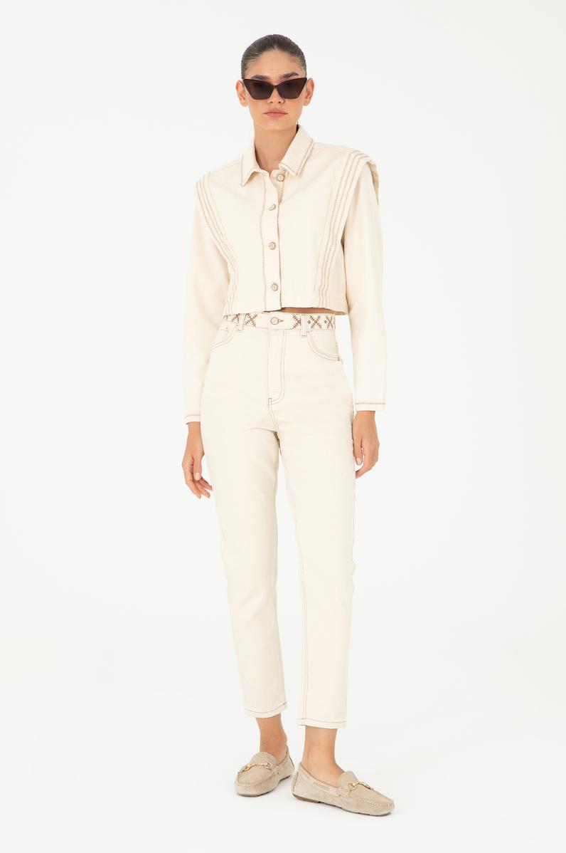 Ekru Mom High Waist Fit Jean Pantolon