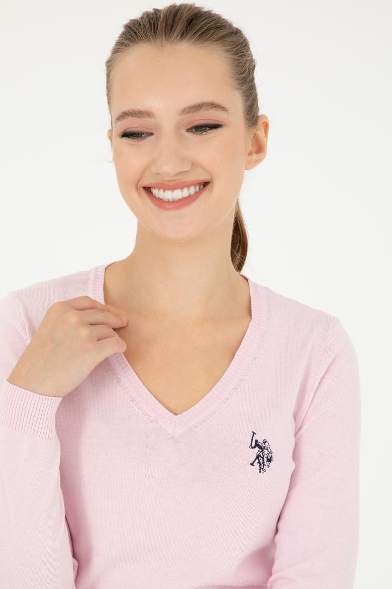 Kadın Pembe V Yaka Basic Kazak - 50293542084