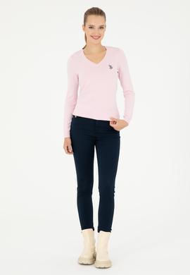 Kadın Pembe V Yaka Basic Kazak - 50293542084