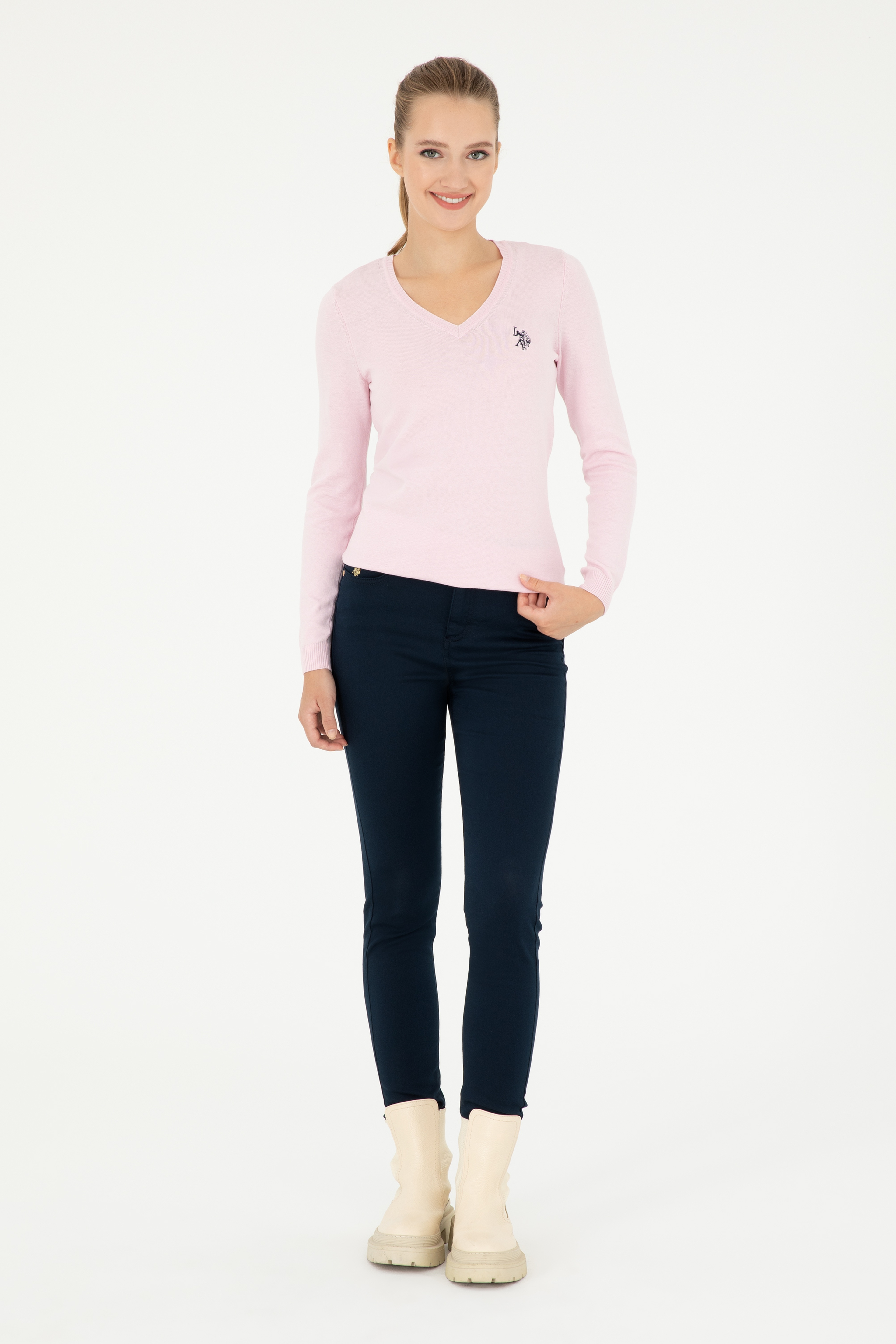 Kadın Pembe V Yaka Basic Kazak - Image 4