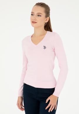 Kadın Pembe V Yaka Basic Kazak - 50293542084