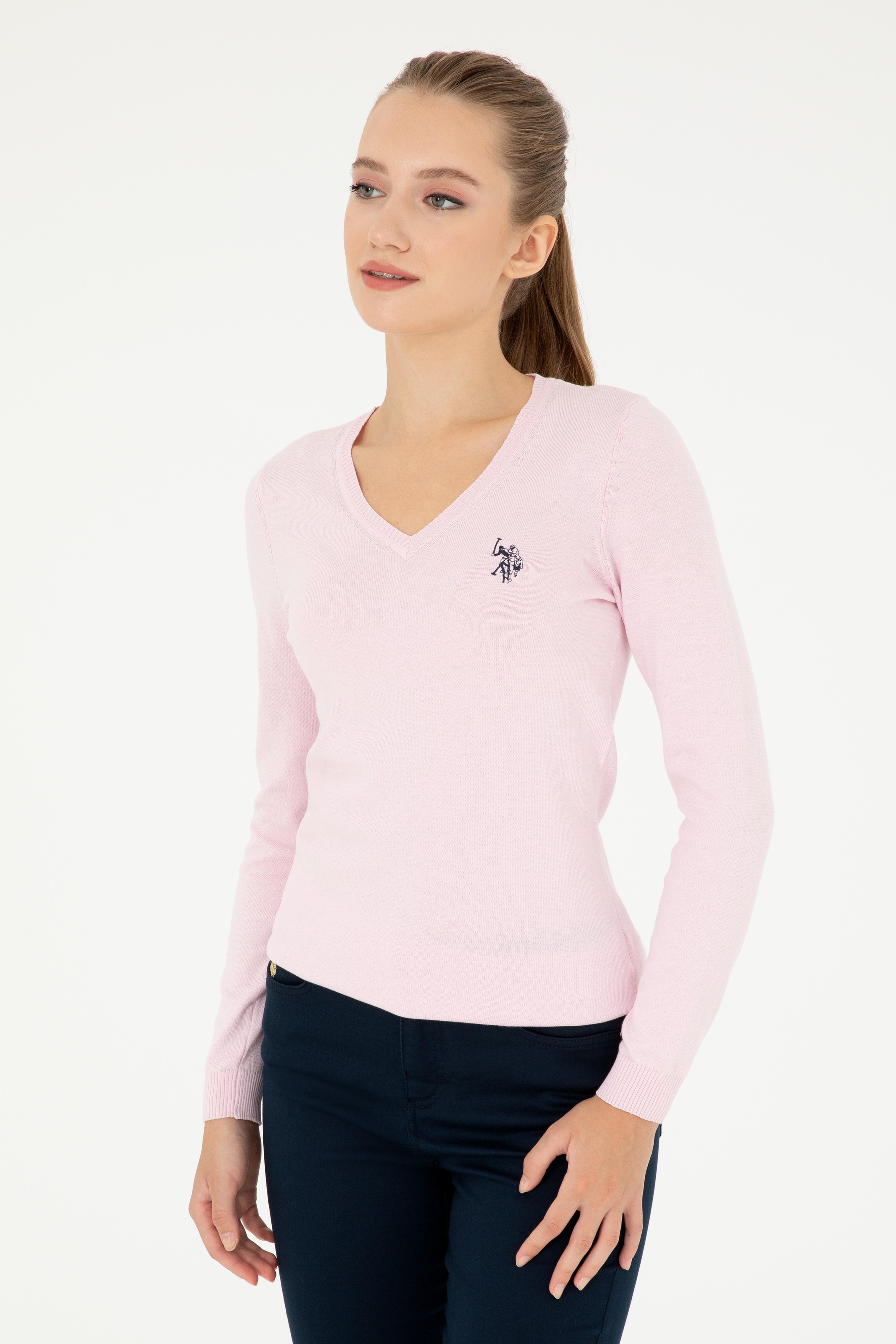 Kadın Pembe V Yaka Basic Kazak - Image 1