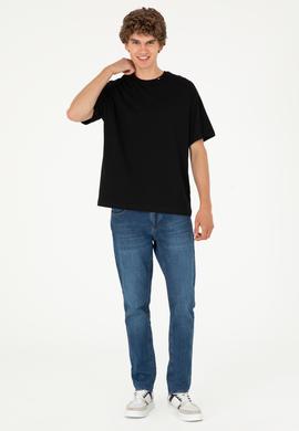 Erkek Oversize Fit Bisiklet Yaka Siyah Tişört - 50294288016