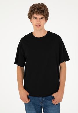 Erkek Oversize Fit Bisiklet Yaka Siyah Tişört - 50294288016