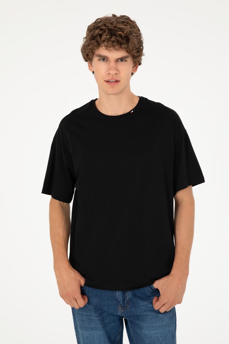 Erkek Oversize Fit Bisiklet Yaka Siyah Tişört - 50294288016
