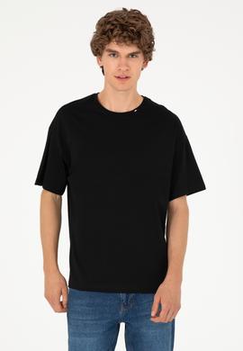 Erkek Oversize Fit Bisiklet Yaka Siyah Tişört - 50294288016