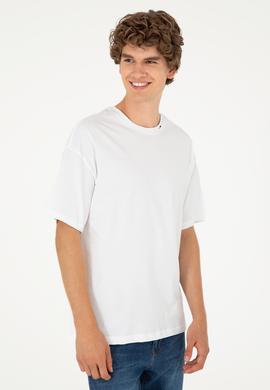 Erkek Oversize Fit Bisiklet Yaka Beyaz Tişört - 50294288009