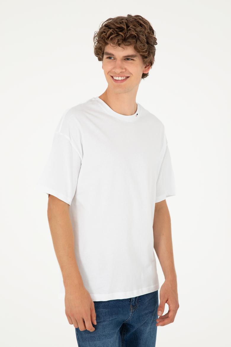 Erkek Oversize Fit Bisiklet Yaka Beyaz Tişört - 50294288009