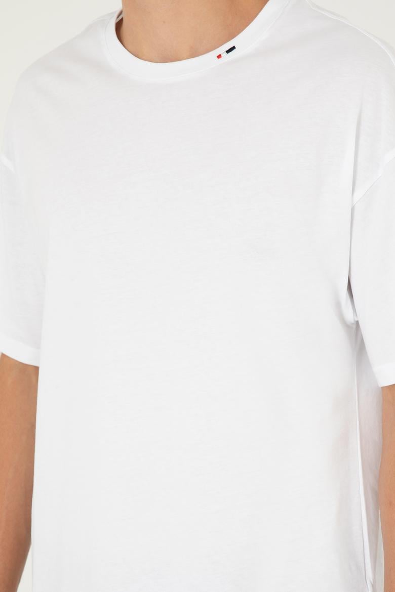 Erkek Oversize Fit Bisiklet Yaka Beyaz Tişört - 50294288009