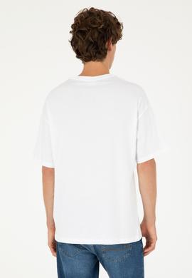 Erkek Oversize Fit Bisiklet Yaka Beyaz Tişört - 50294288009