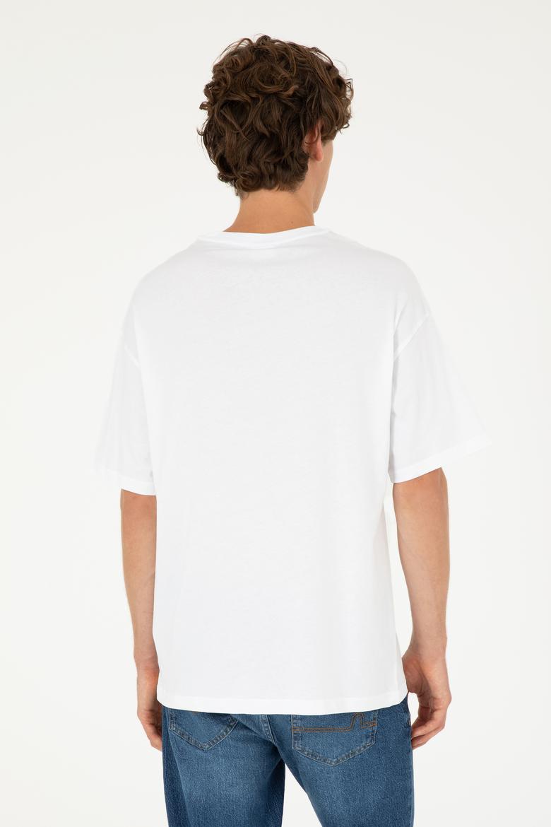 Erkek Oversize Fit Bisiklet Yaka Beyaz Tişört - 50294288009