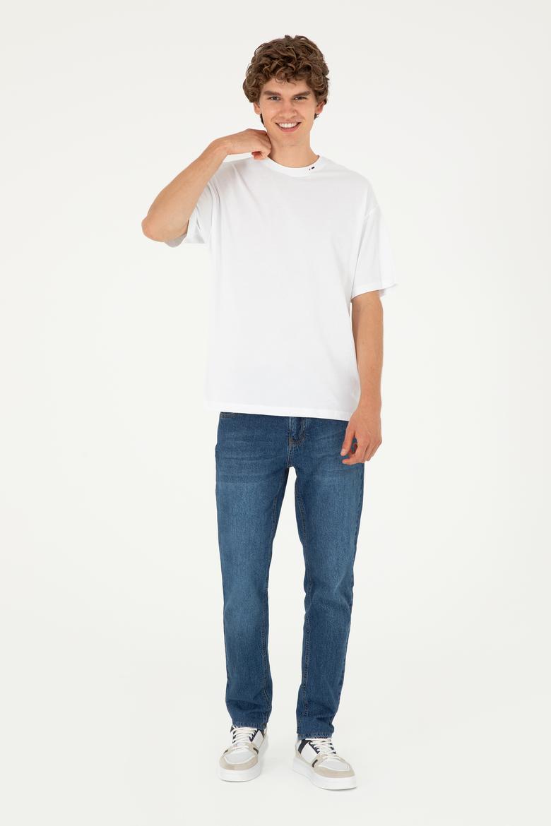 Erkek Oversize Fit Bisiklet Yaka Beyaz Tişört - 50294288009