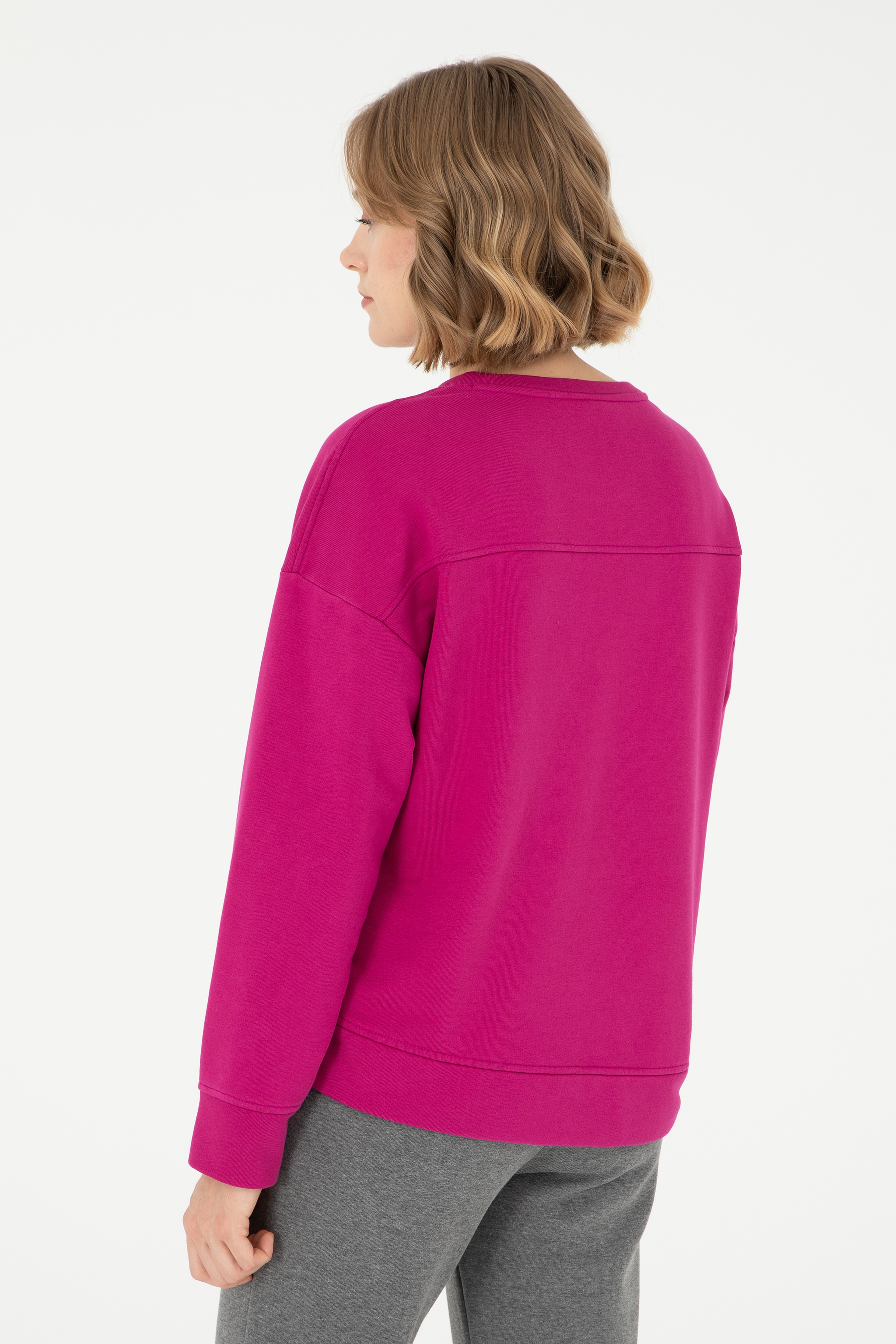 Kadın Fuşya Basic Bisiklet Yaka Sweatshirt - Image 5