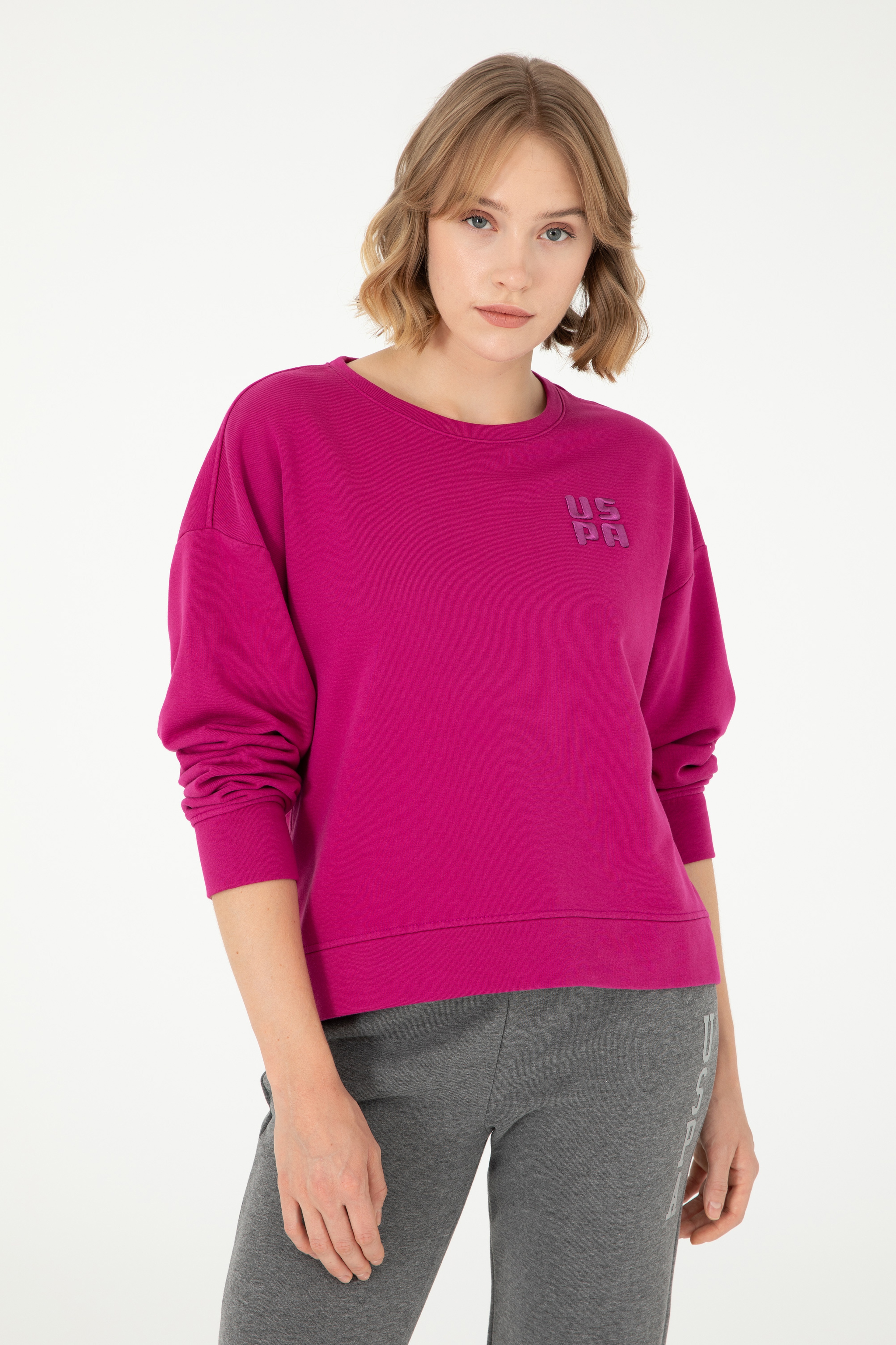 Kadın Fuşya Basic Bisiklet Yaka Sweatshirt - Image 3