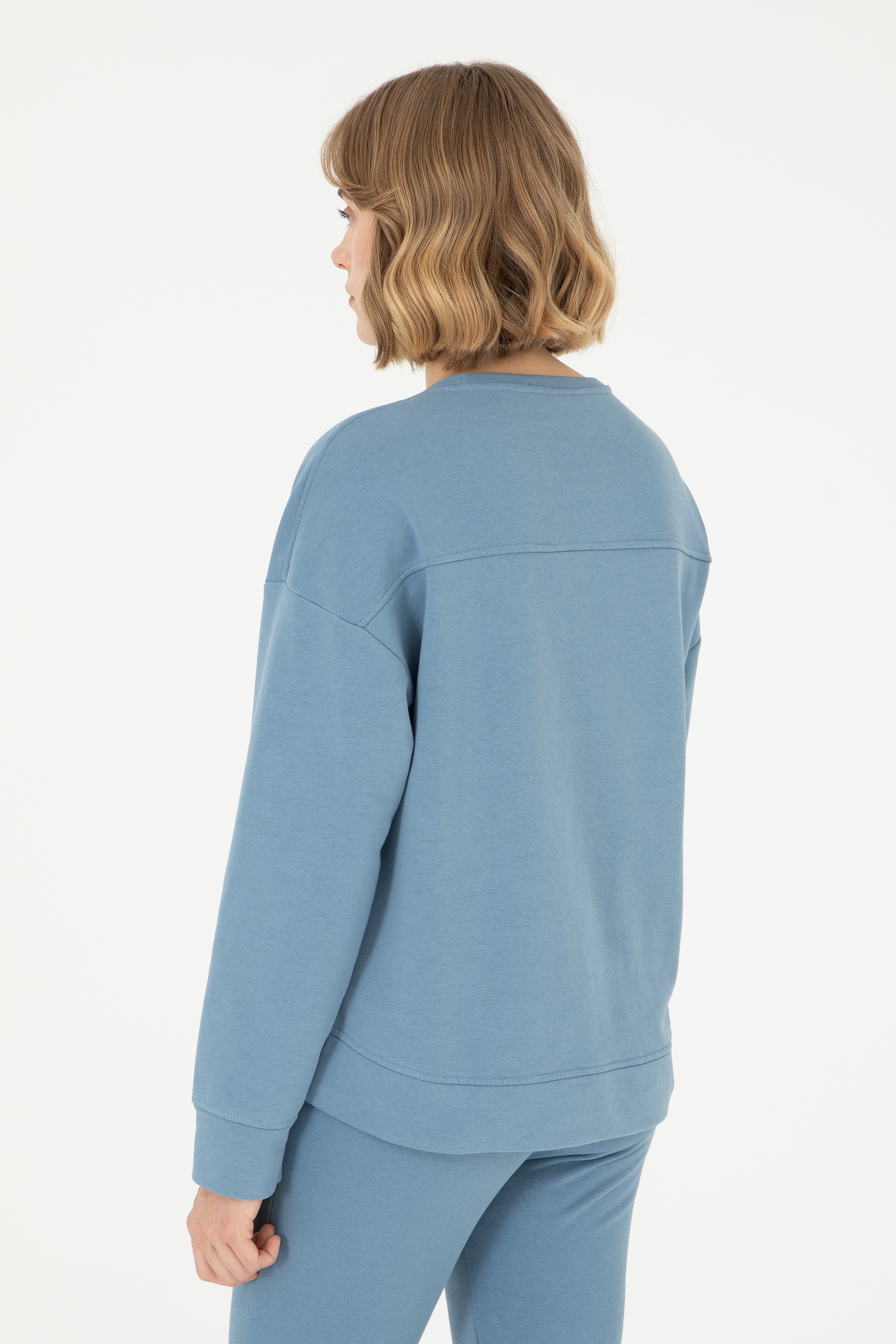 Kadın Koyu Mavi Basic Bisiklet Yaka Sweatshirt