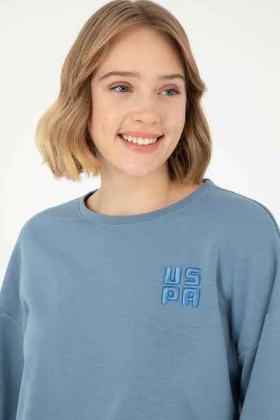 Kadın Koyu Mavi Basic Bisiklet Yaka Sweatshirt