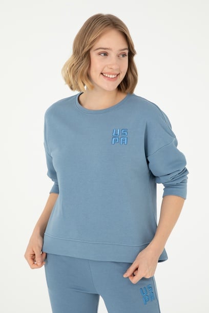 Kadın Koyu Mavi Basic Bisiklet Yaka Sweatshirt