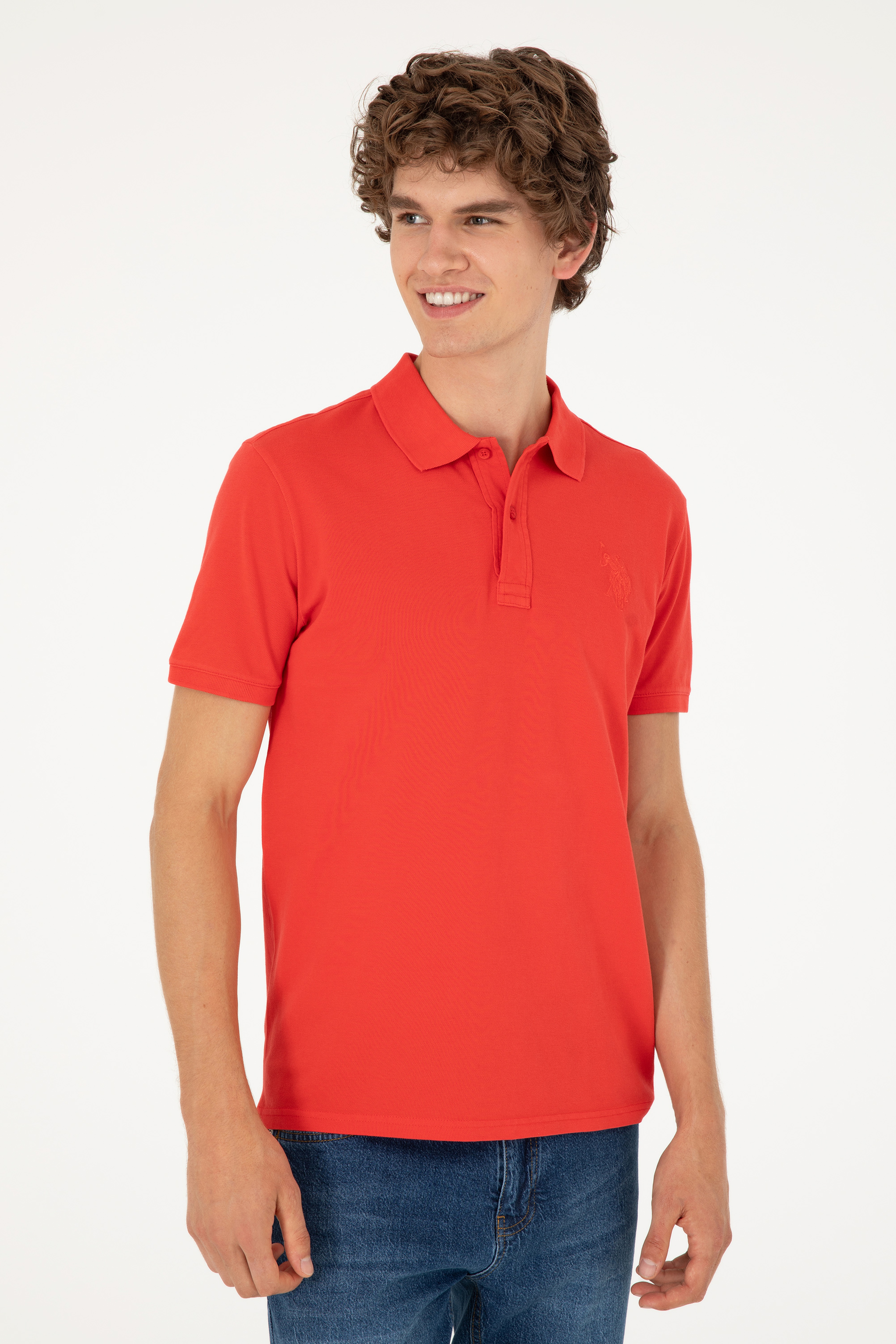 Erkek Slim Fit Polo Yaka Kırmızı Basic Tişört - Image 3
