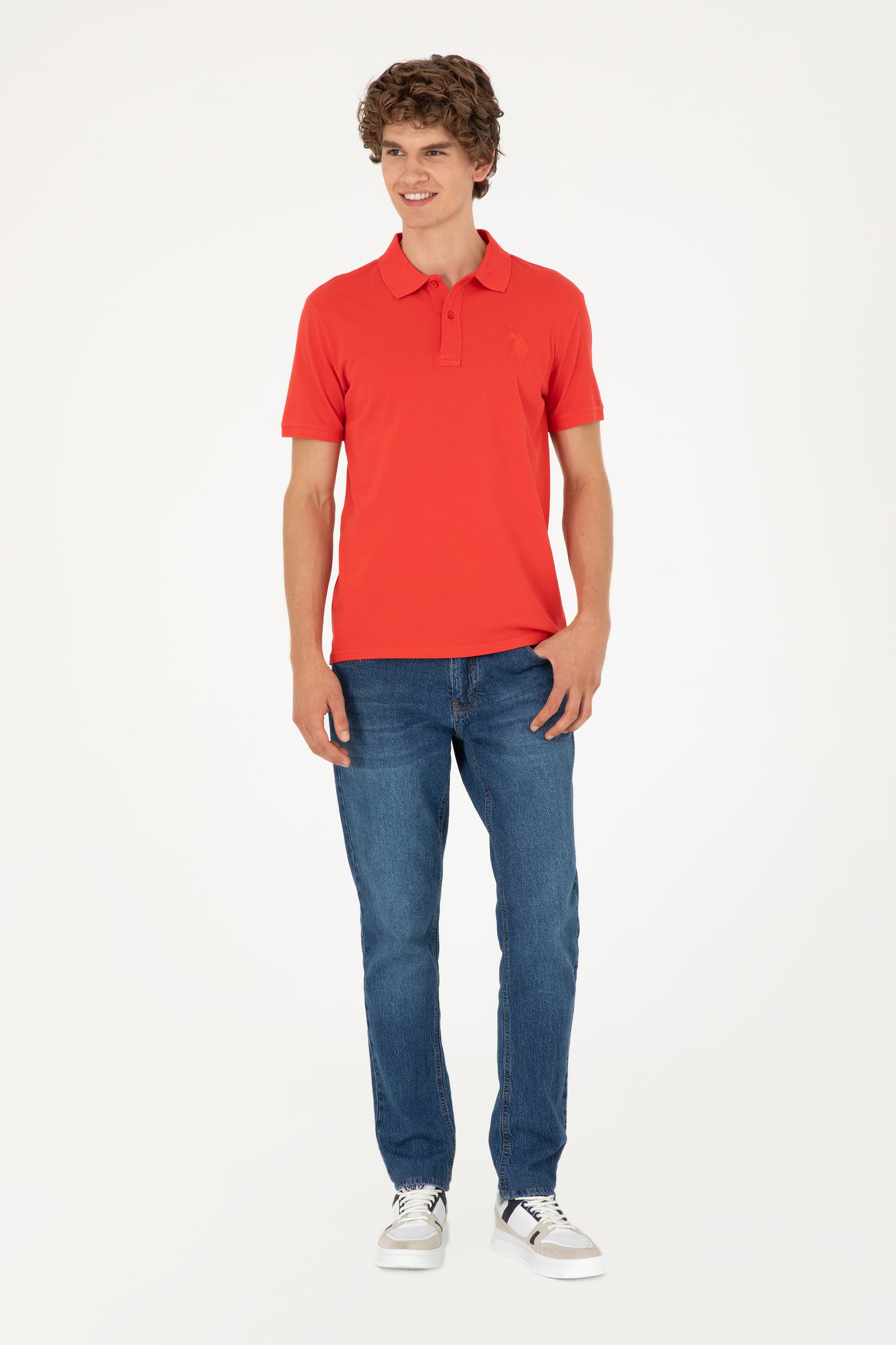 Erkek Slim Fit Polo Yaka Kırmızı Basic Tişört