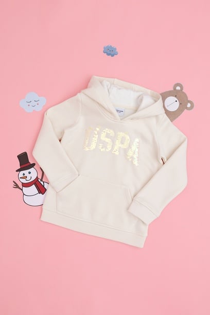Kız Çocuk Krem Kapüşonlu Basic Sweatshirt
