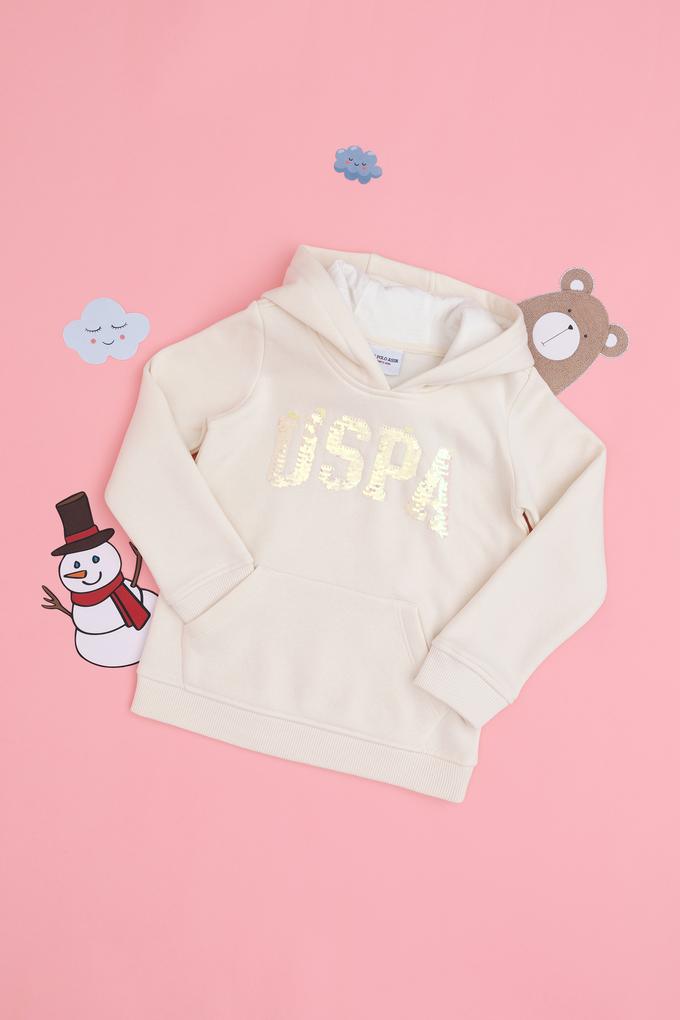 Kız Çocuk Krem Kapüşonlu Basic Sweatshirt