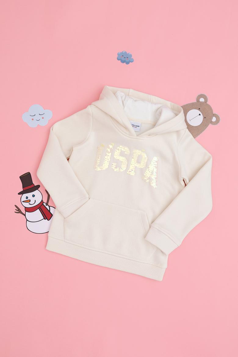 Kız Çocuk Krem Kapüşonlu Basic Sweatshirt