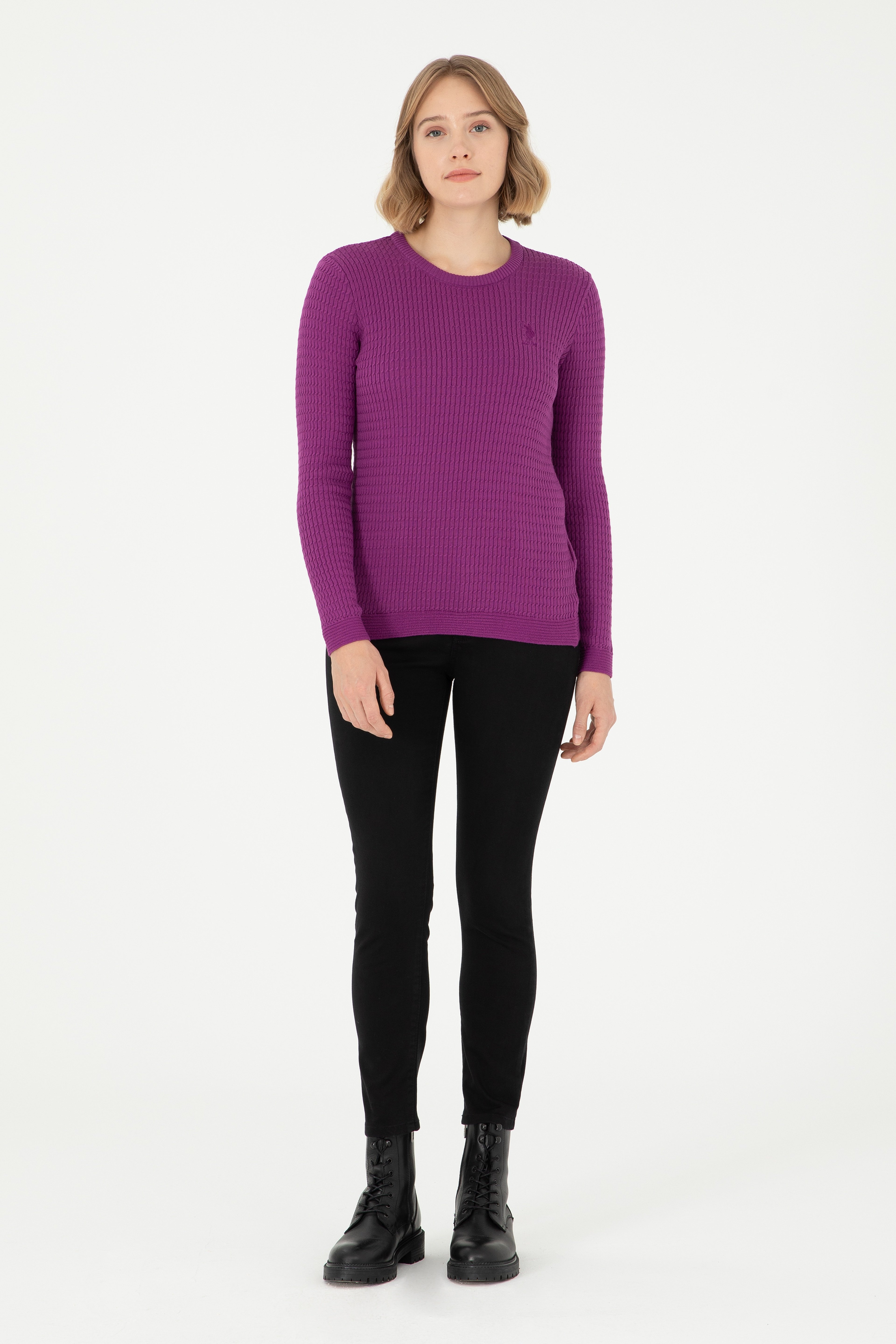 Kadın Violet Bisiklet Yaka Basic Kazak - Image 4