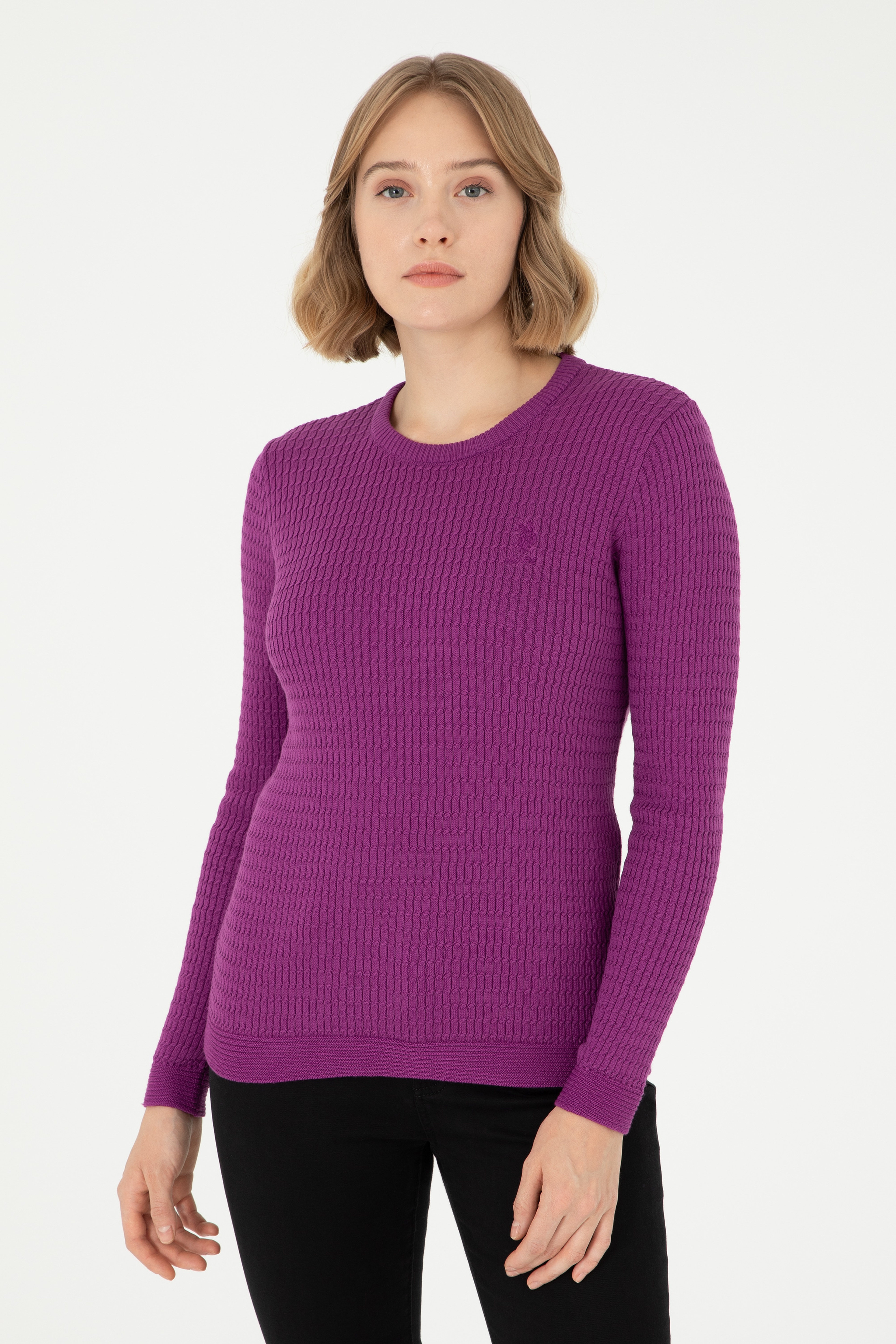 Kadın Violet Bisiklet Yaka Basic Kazak