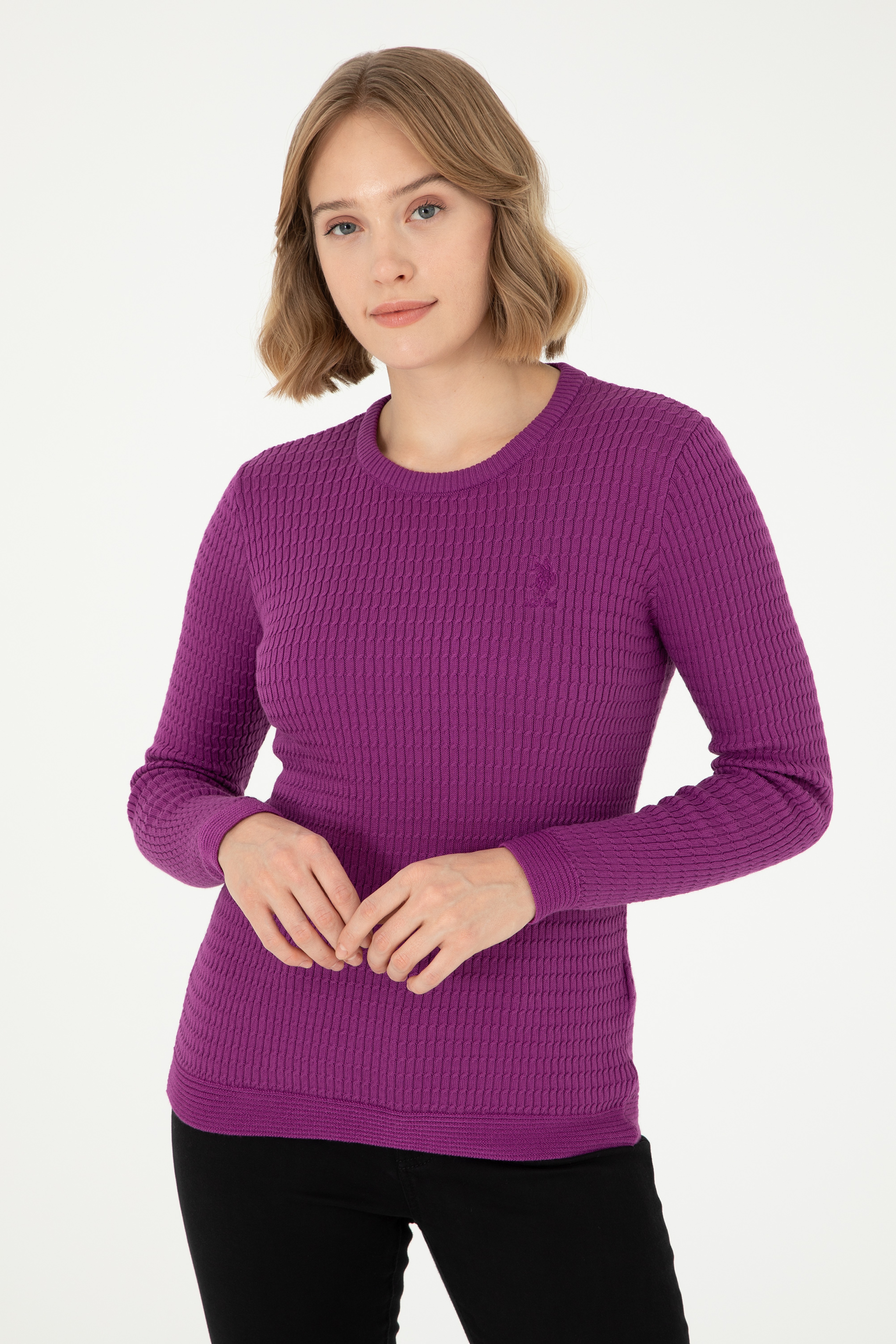 Kadın Violet Bisiklet Yaka Basic Kazak - Image 3