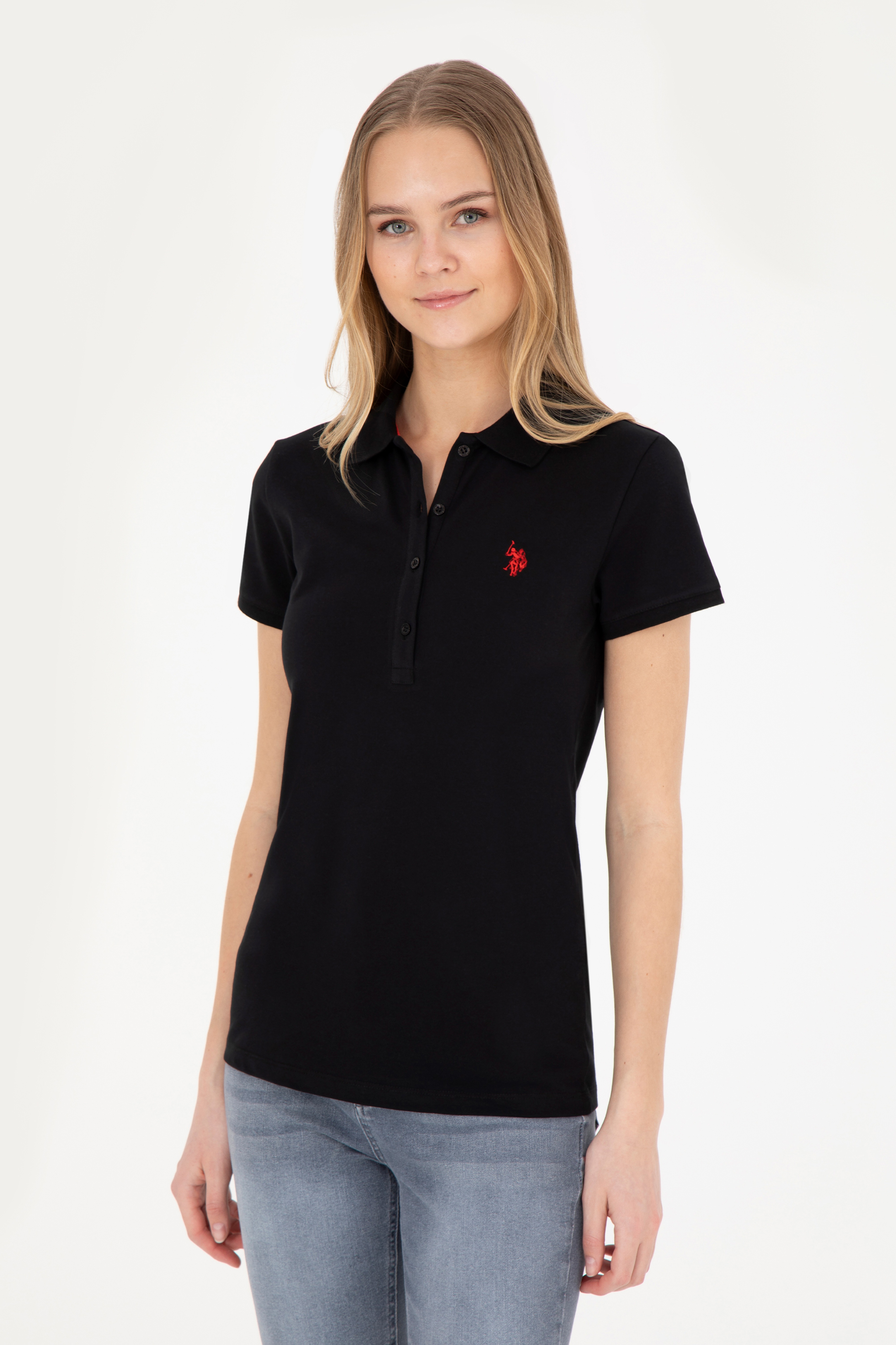 Kadın Siyah Basic Polo Yaka Tişört - Image 3
