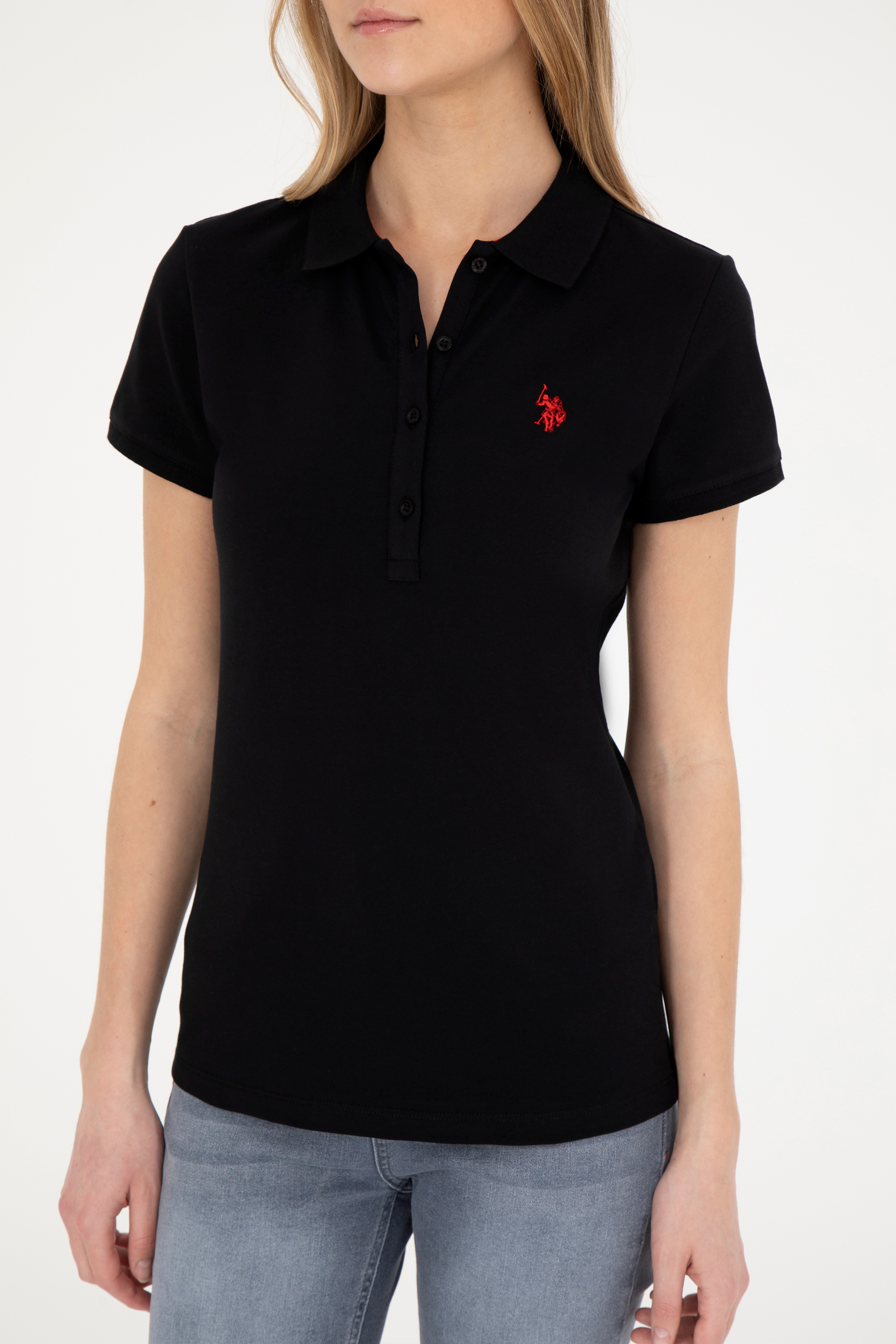 Kadın Siyah Basic Polo Yaka Tişört - Image 6