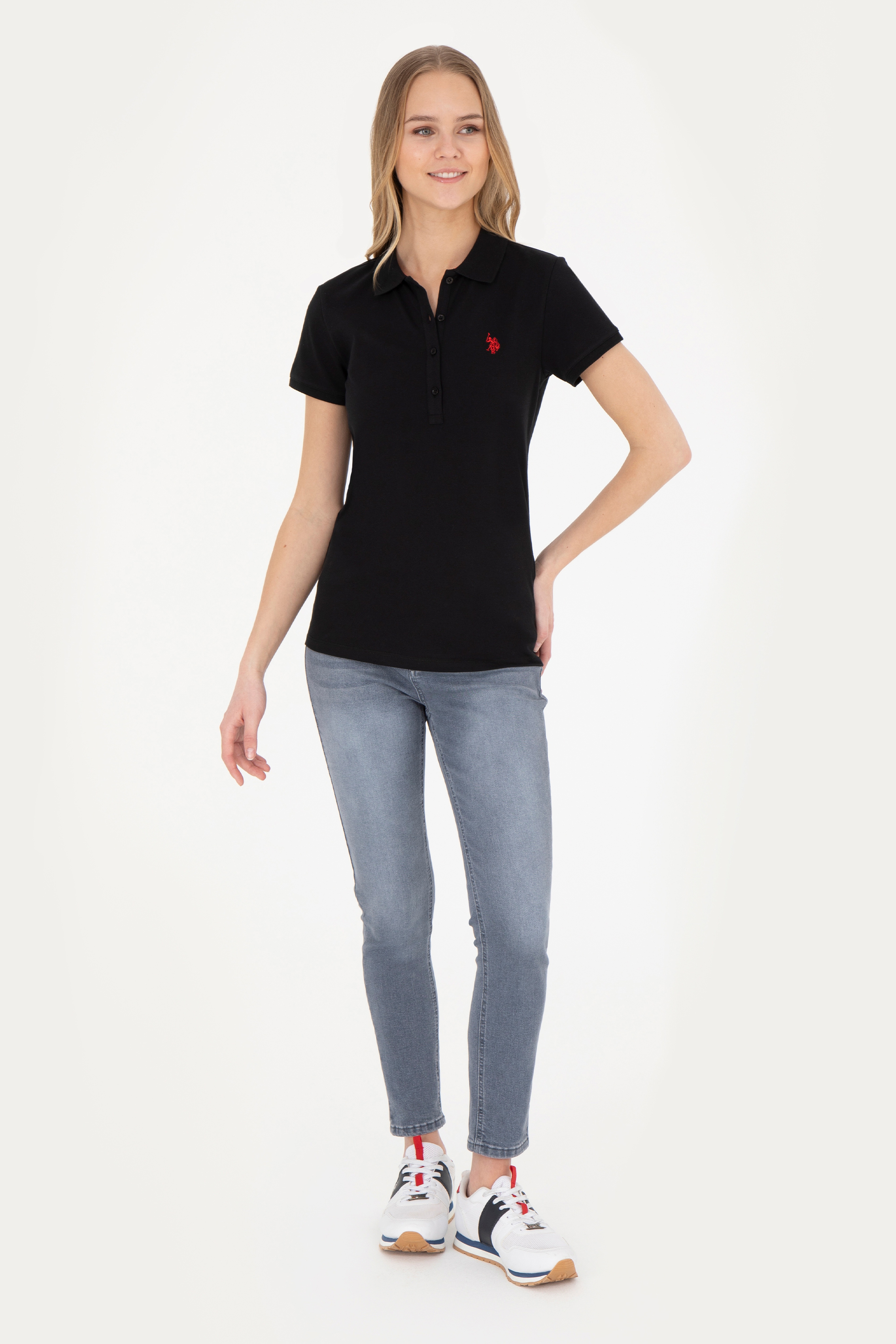 Kadın Siyah Basic Polo Yaka Tişört - Image 4