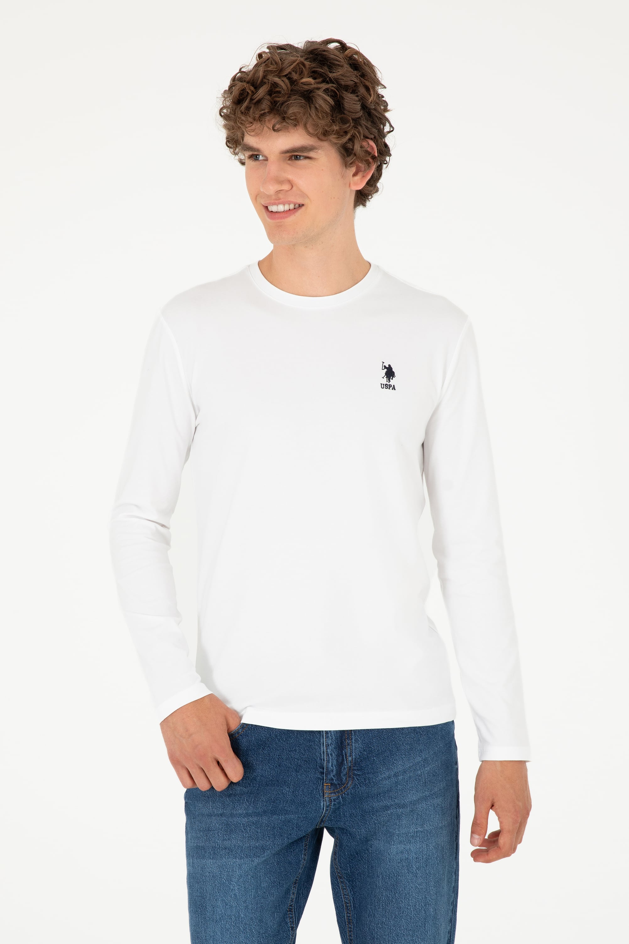 Erkek Slim Fit Bisiklet Yaka Beyaz Basic Sweatshirt