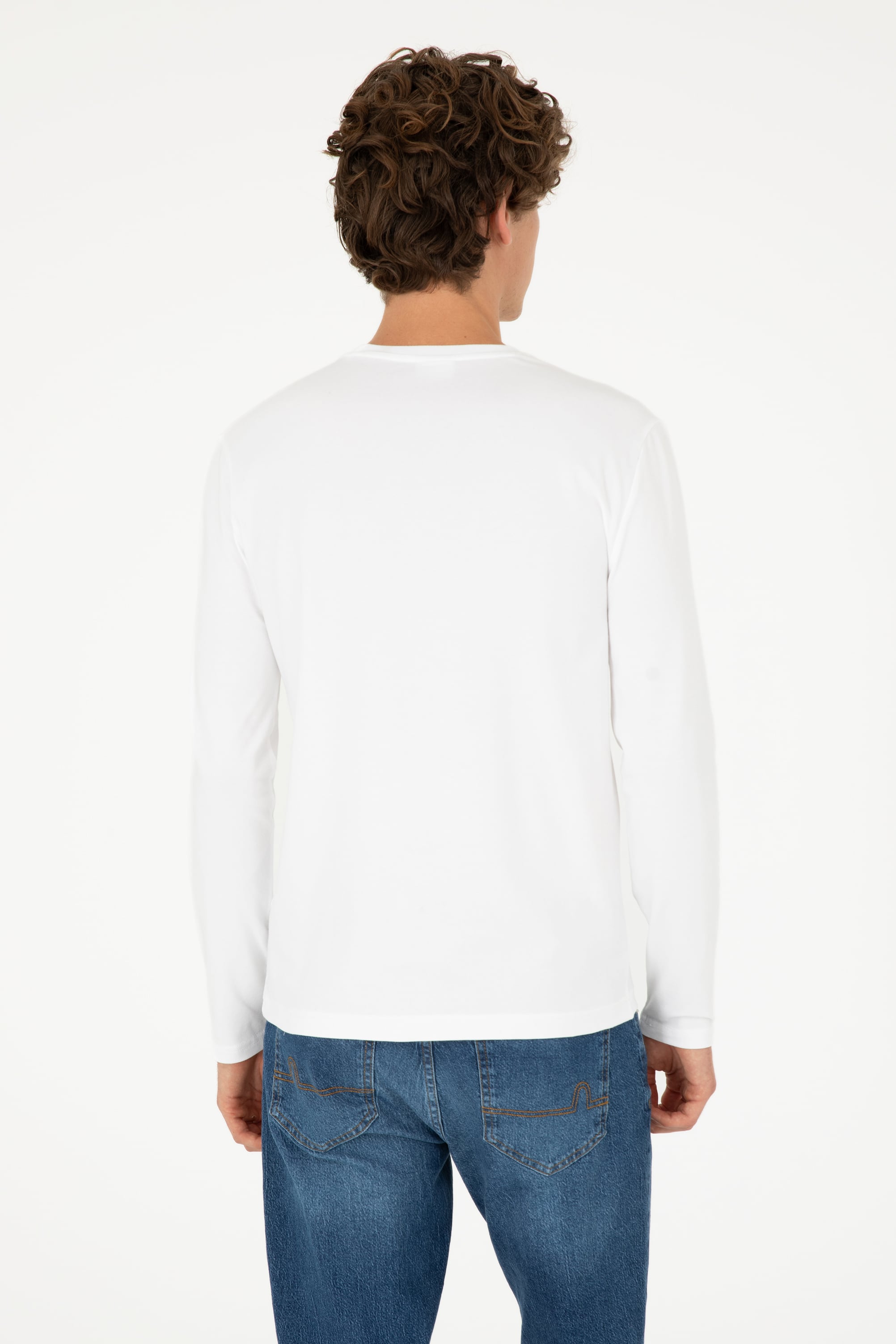 Erkek Slim Fit Bisiklet Yaka Beyaz Basic Sweatshirt - Image 5