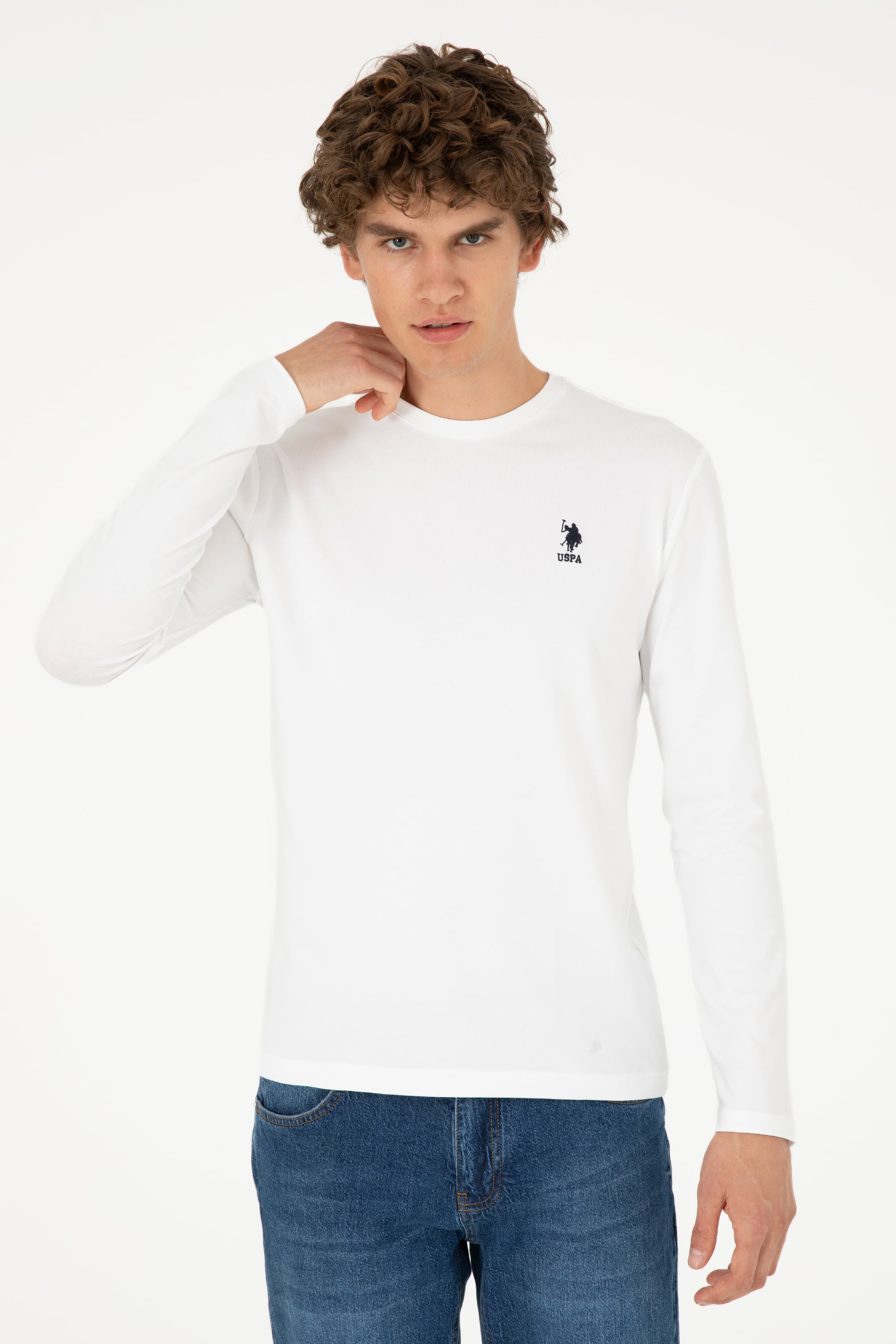 Erkek Slim Fit Bisiklet Yaka Beyaz Basic Sweatshirt