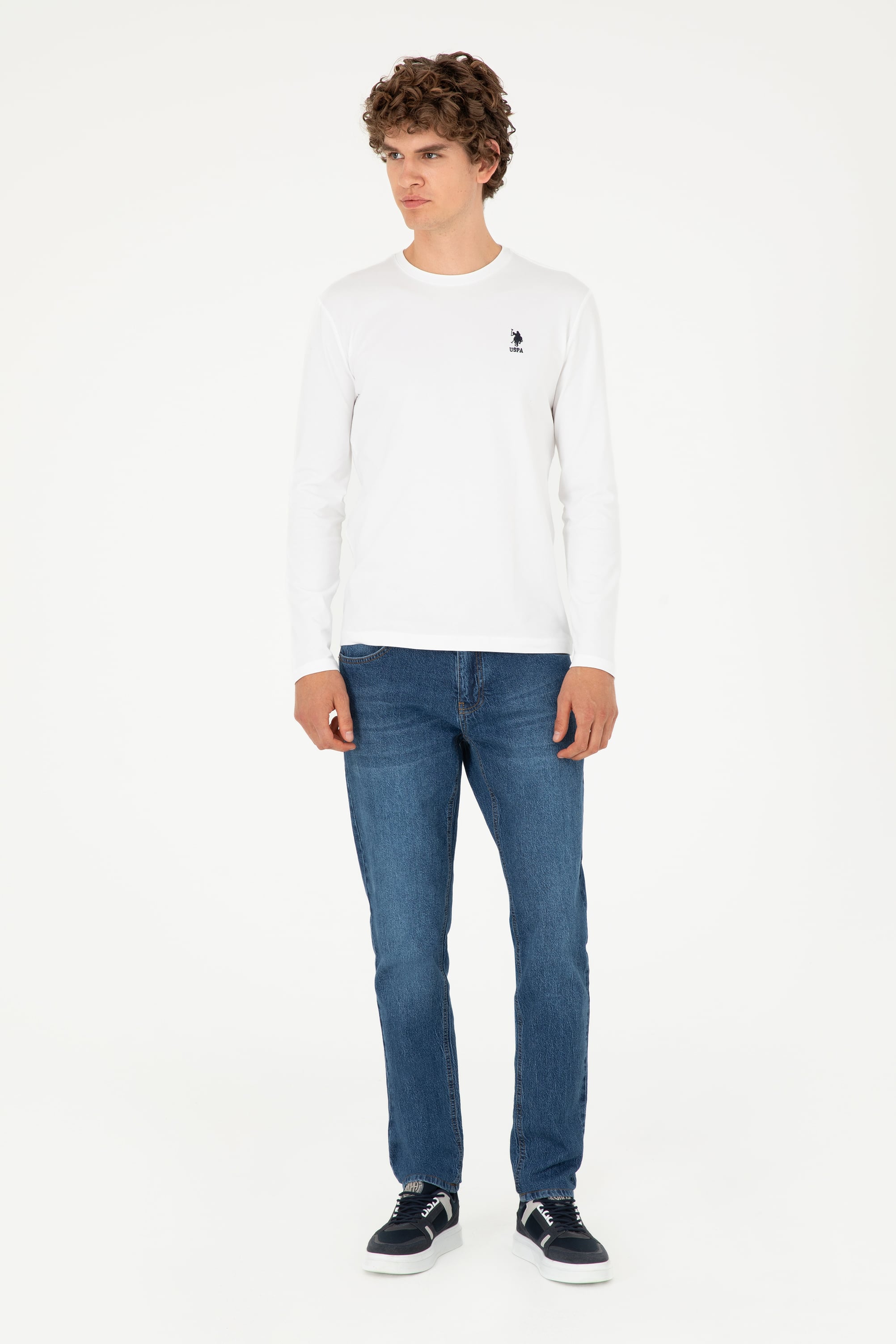 Erkek Slim Fit Bisiklet Yaka Beyaz Basic Sweatshirt - Image 4