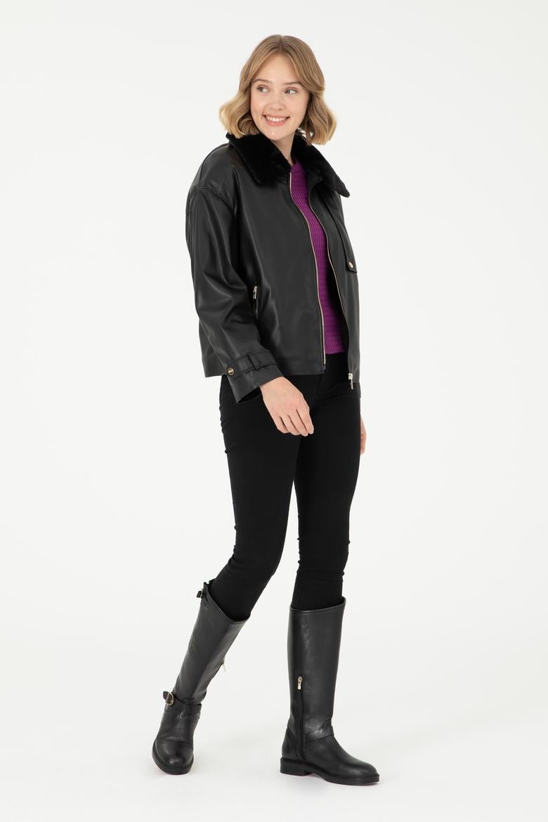 Kadın Siyah Deri Ceket - 50297228004
